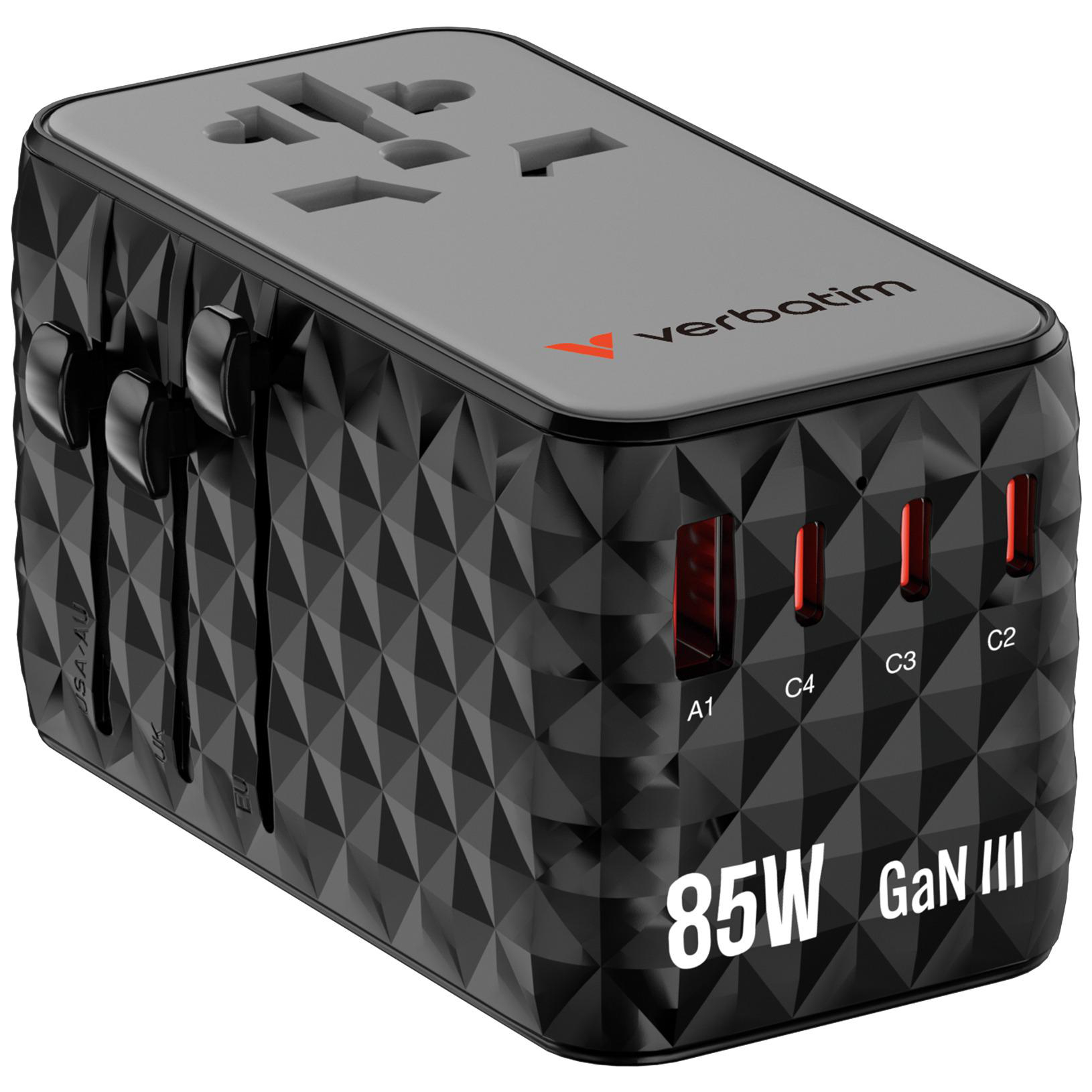 Schwarzer Verbatim 85W GaN III Reiseadapter mit mehreren USB-Anschlüssen und integrierten Steckern.