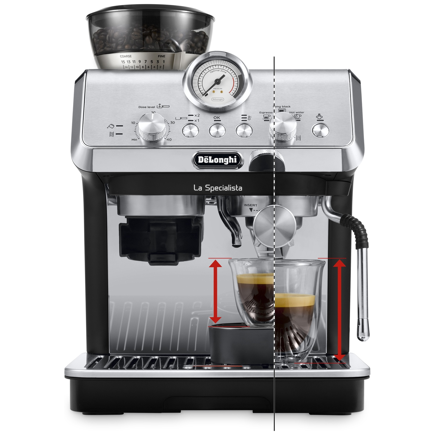 Machine à espresso DeLonghi La Specialista avec bac à grains, manomètre, boutons et tasses sur le bac.