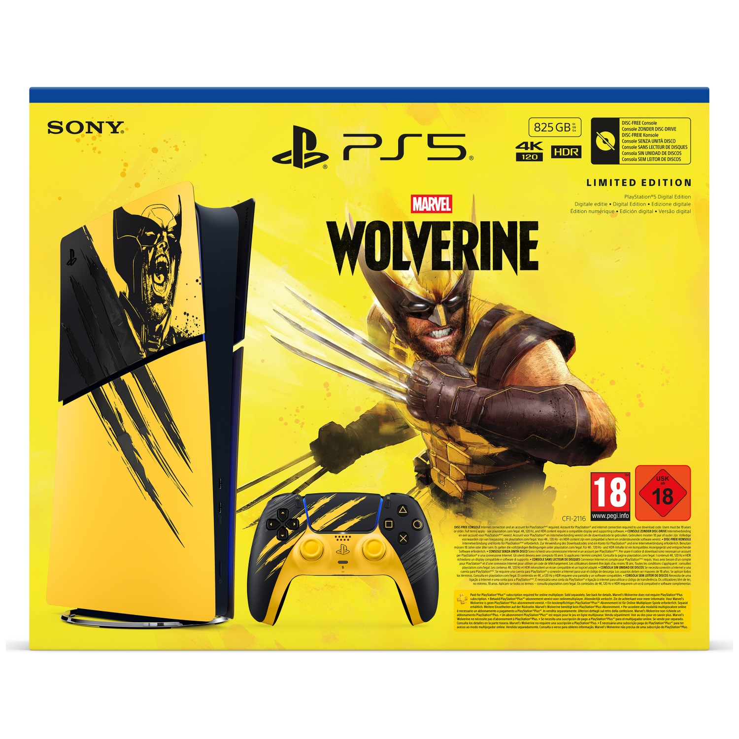 Gele Marvel Wolverine PS5-bundeldoos met console, controller en Wolverine-artwork.