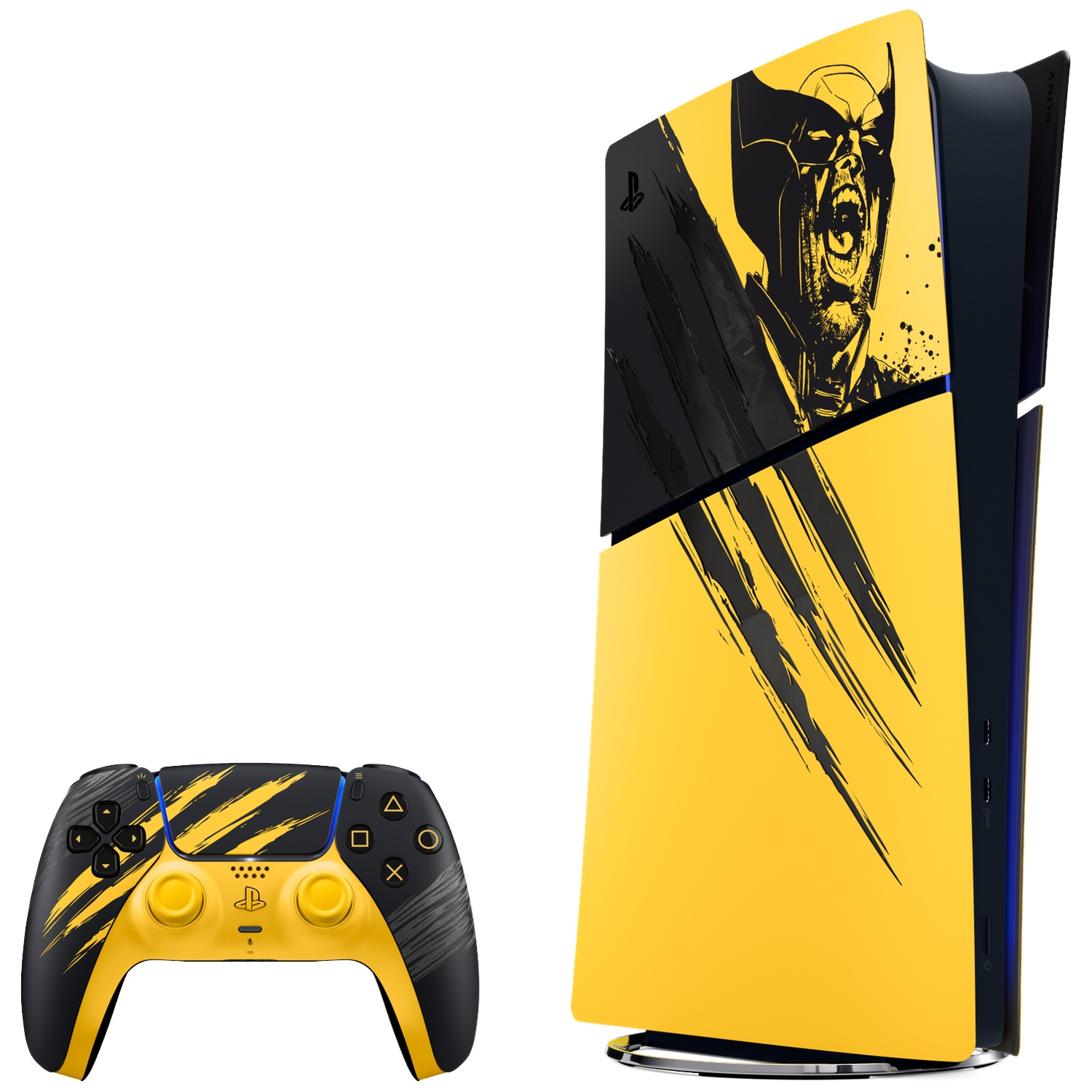 PlayStation 5-console en -controller met geel-zwart Wolverine-ontwerp en klauwafdrukken.