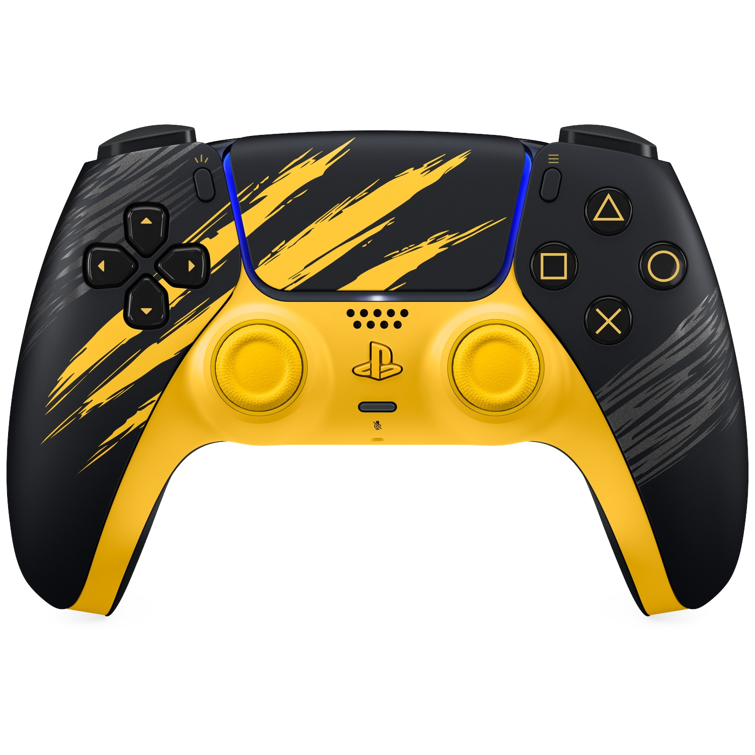 Een zwart-gele gamecontroller met krassen op het touchpad en de handgrepen.