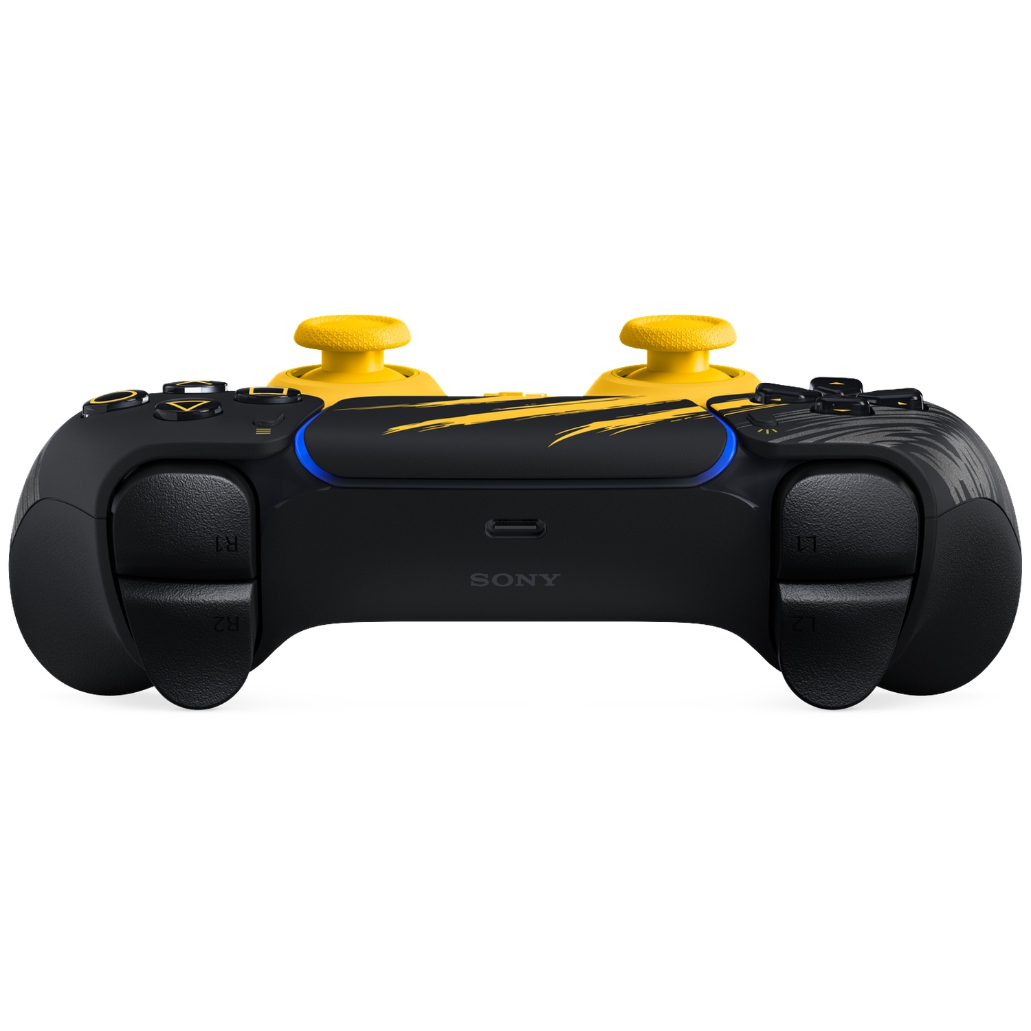 Een zwarte en gele PlayStation-controller met gele joysticks, SONY-logo en blauwe lichtbalk op een witte achtergrond.