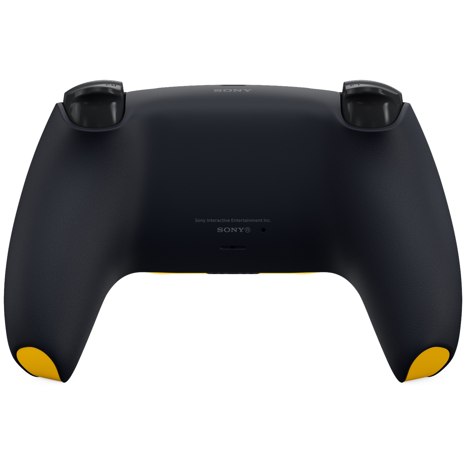 Achterkant van een zwarte PlayStation 5-controller met gele accenten op de grepen en schouderknoppen.