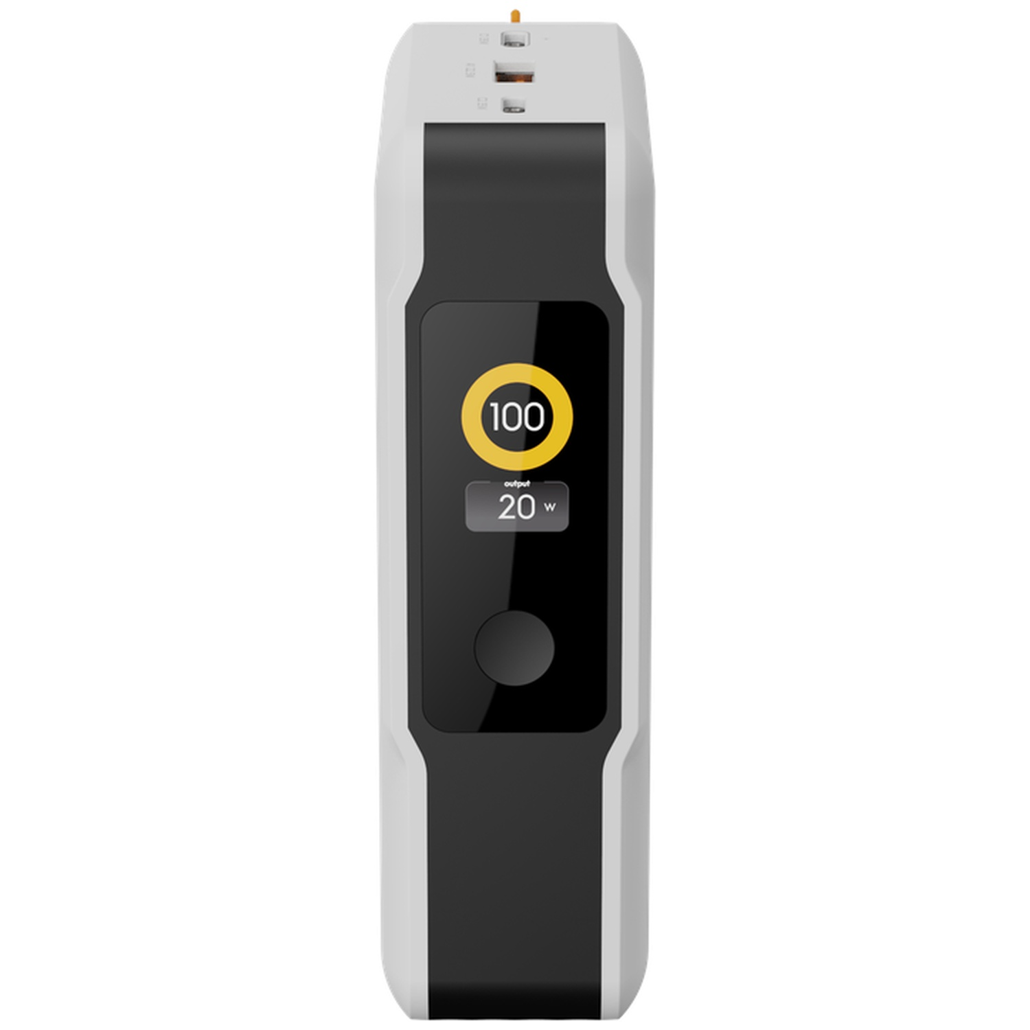 Une batterie externe blanche et noire avec un écran numérique affichant 100 pour cent et 20W.