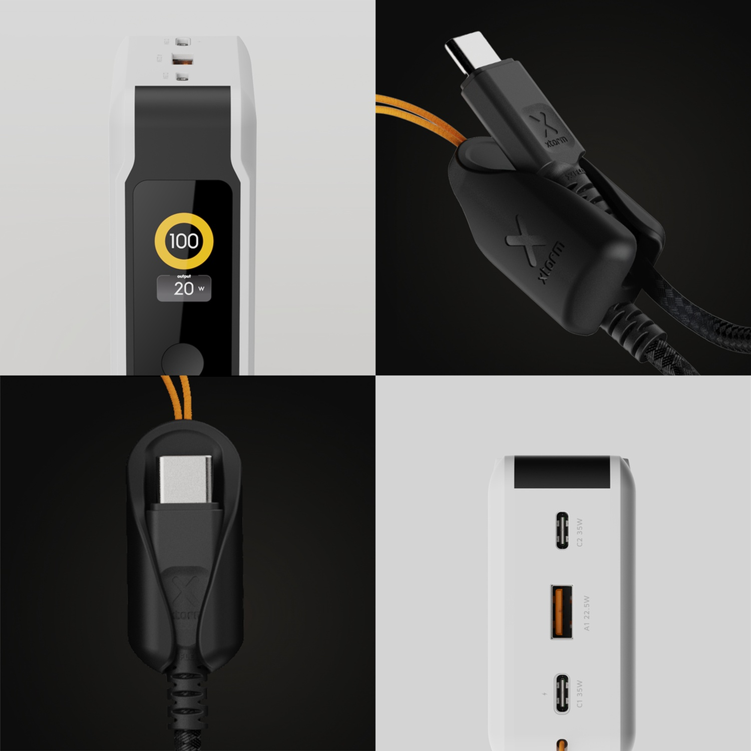 Quatre images montrent un chargeur blanc avec écran et un câble USB-C noir dans un support.