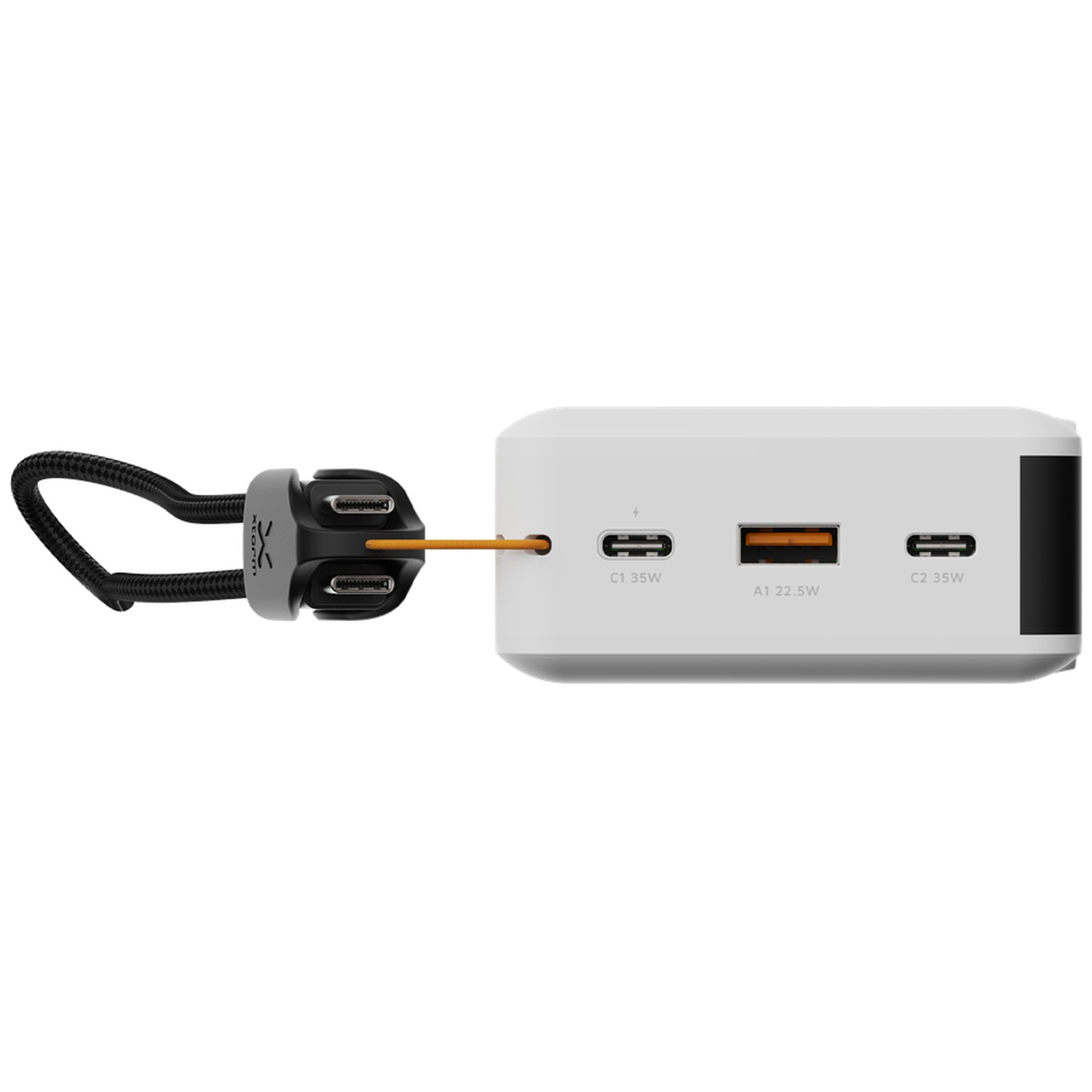Chargeur blanc doté de ports USB-C et USB-A, ainsi que de câbles noirs et orange intégrés.
