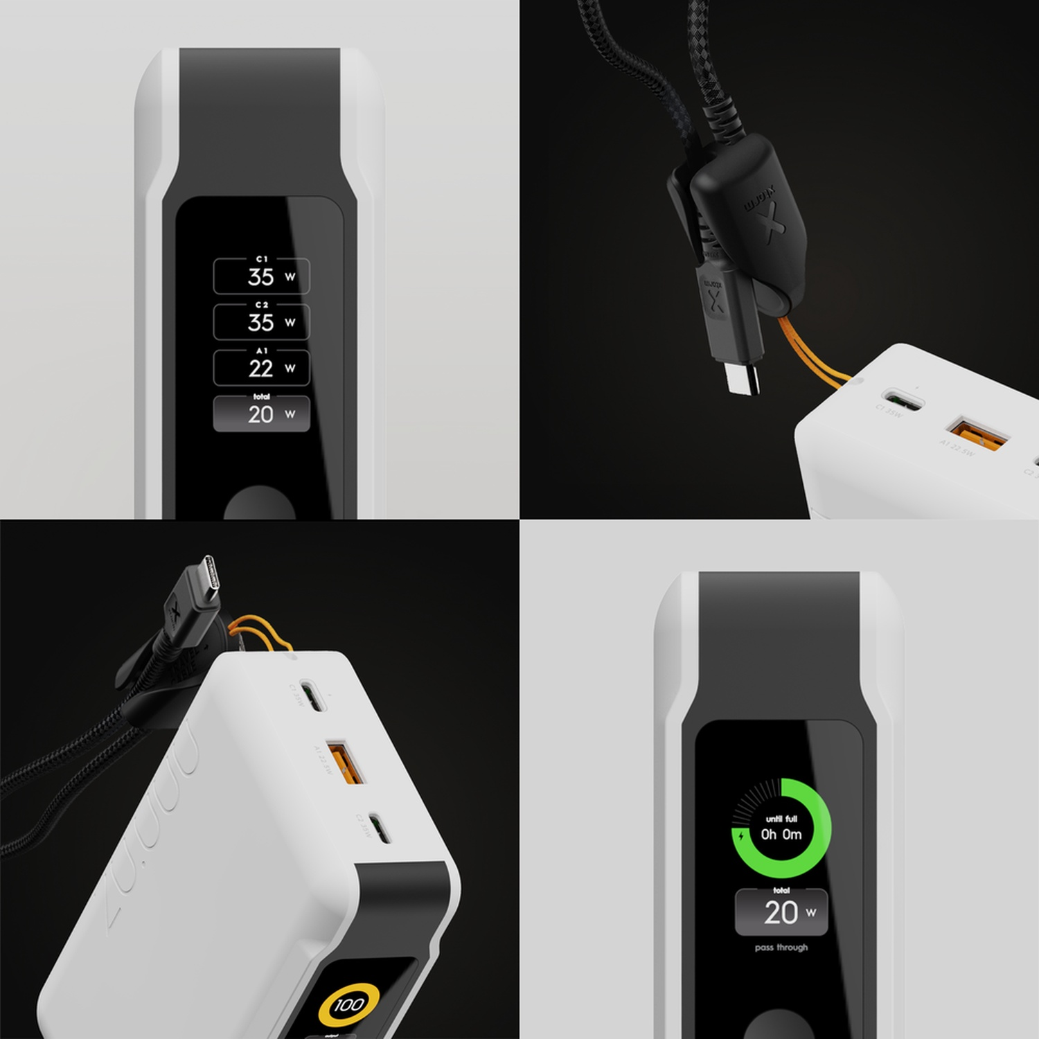Quatre images d'une batterie externe blanche et noire avec écran numérique et ports de charge.