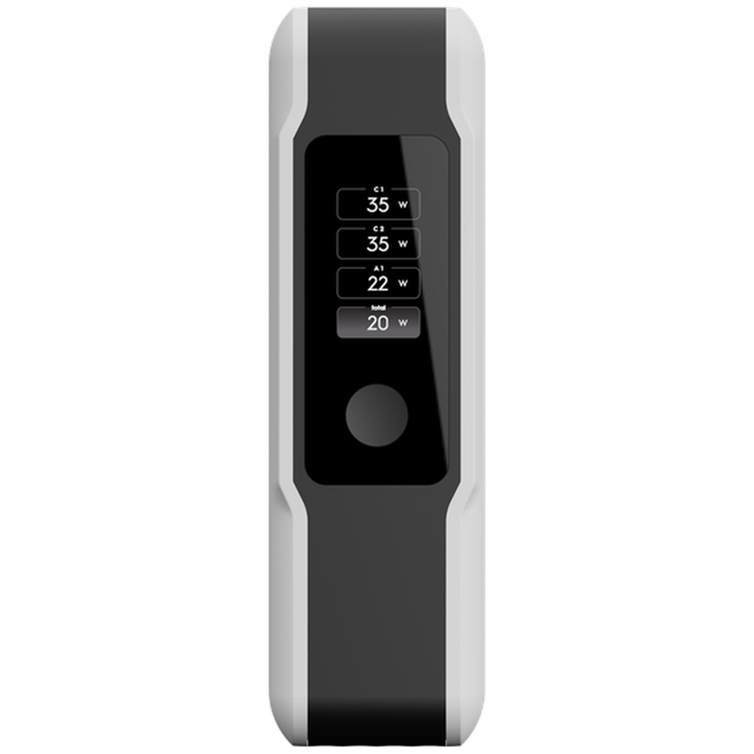 Une batterie externe verticale blanche et noire avec un écran numérique affichant la puissance de quatre ports.
