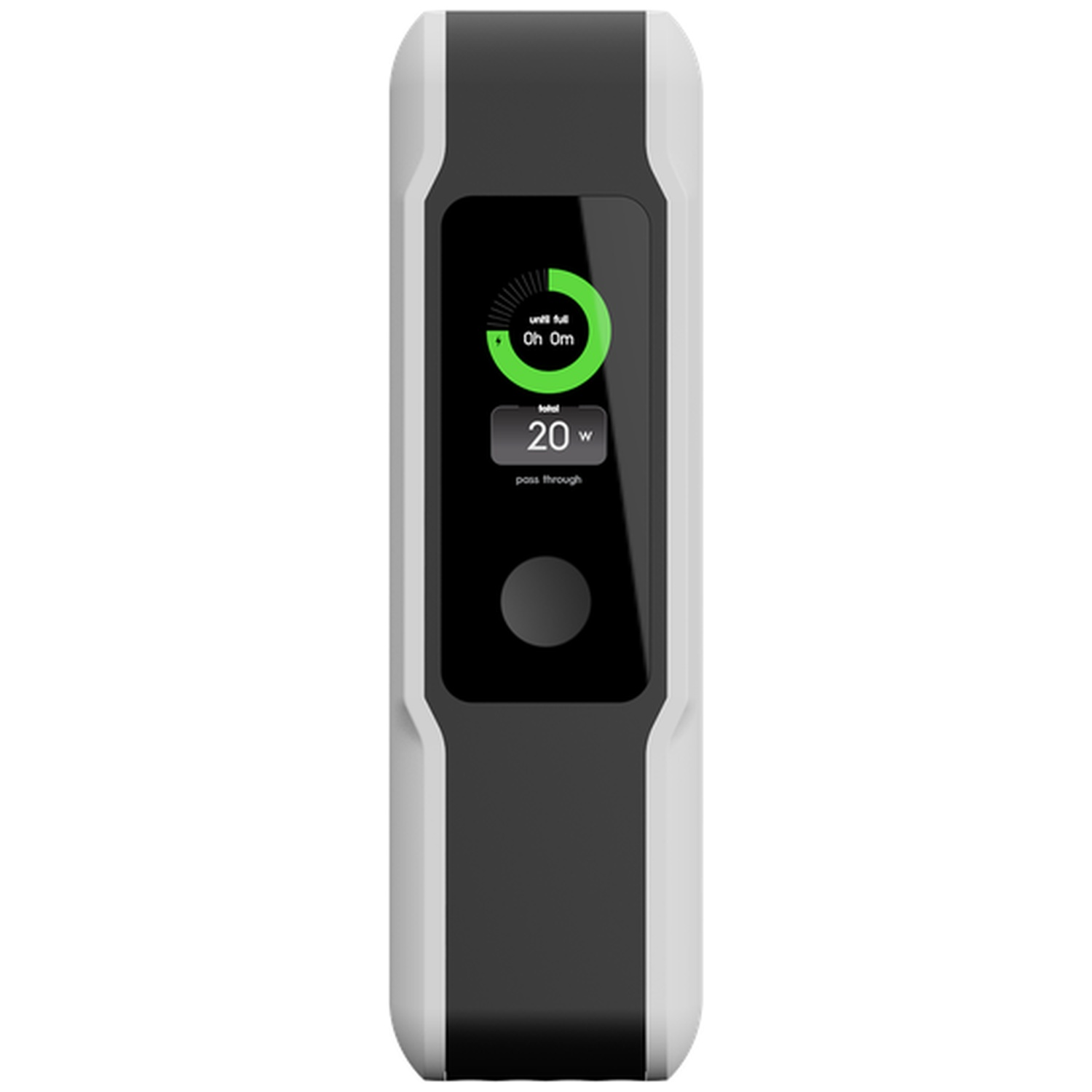 Un appareil électronique blanc et noir doté d'un écran vertical affichant un cercle de charge vert.