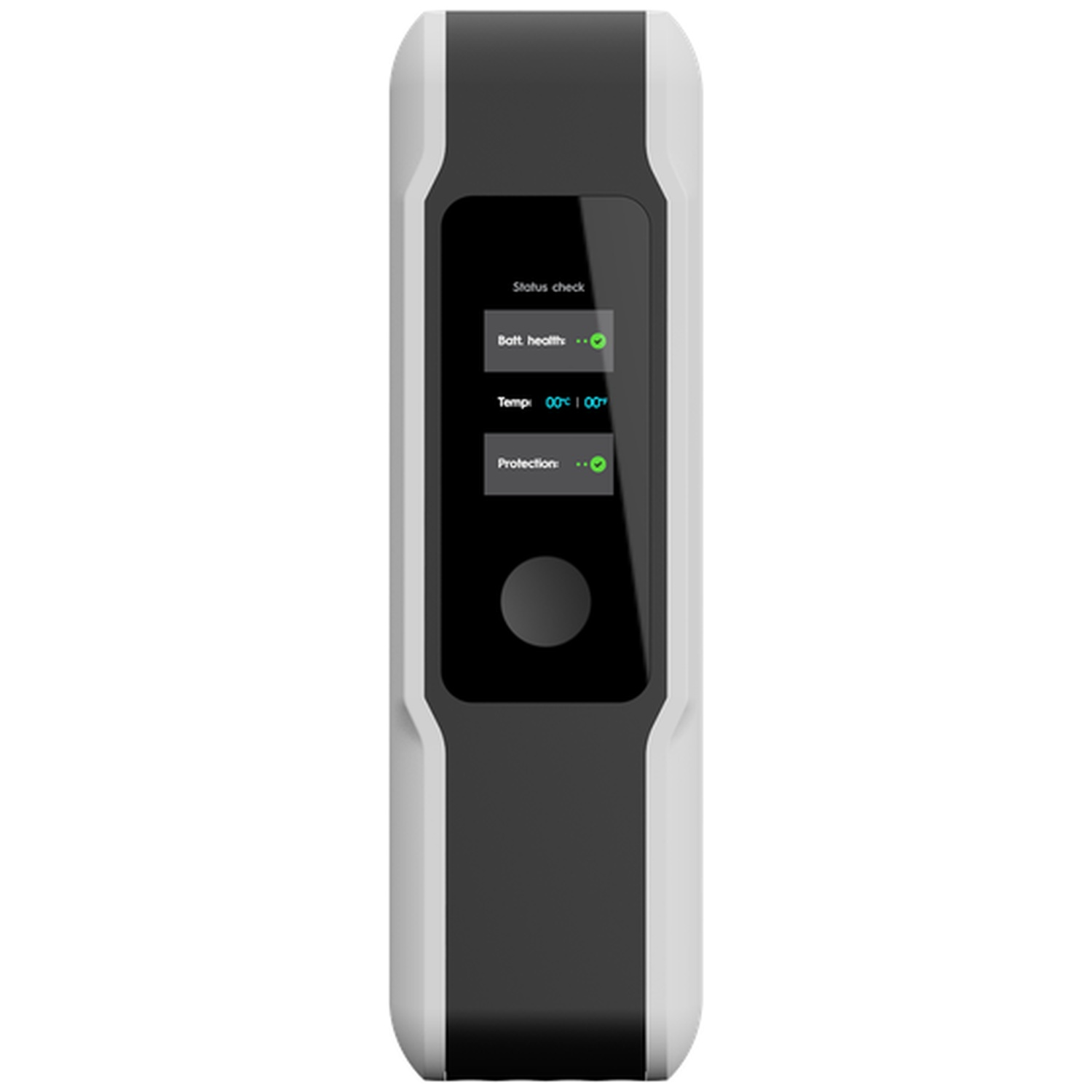 Un appareil portatif électronique blanc et noir doté d'un écran vertical affichant l'état de la batterie.