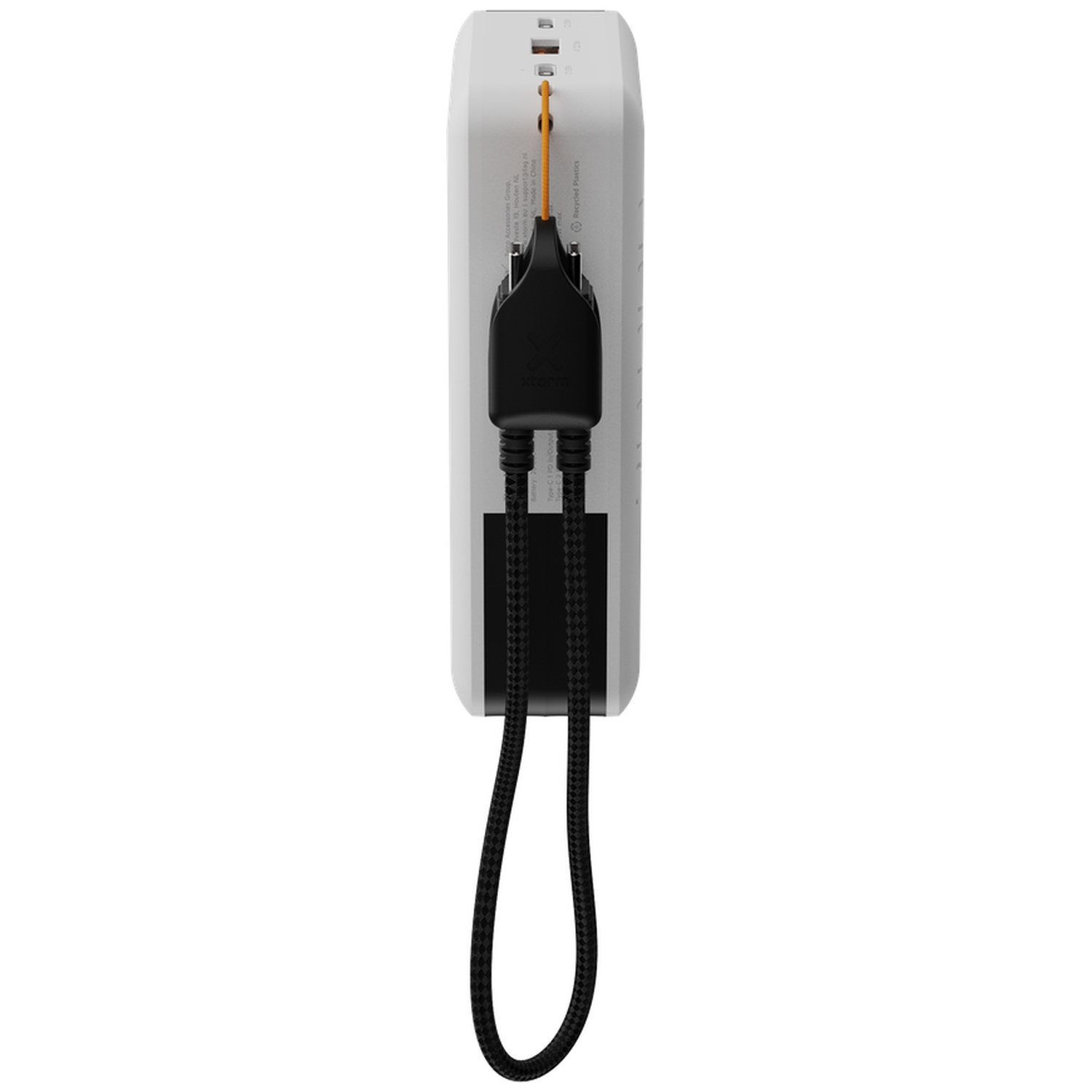 Une banque d'alimentation blanche avec un câble noir connecté et une petite boucle orange.