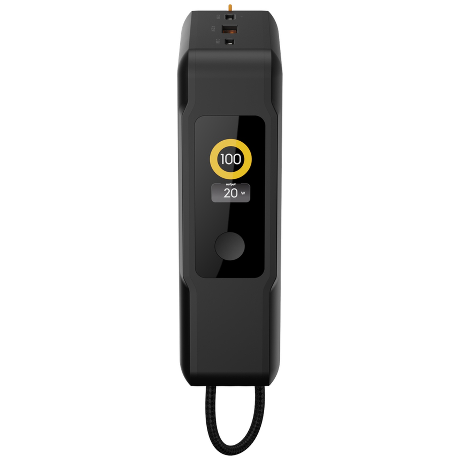 Batterie externe noire avec écran numérique affichant 100 % de batterie et une sortie de 20W, avec câble.