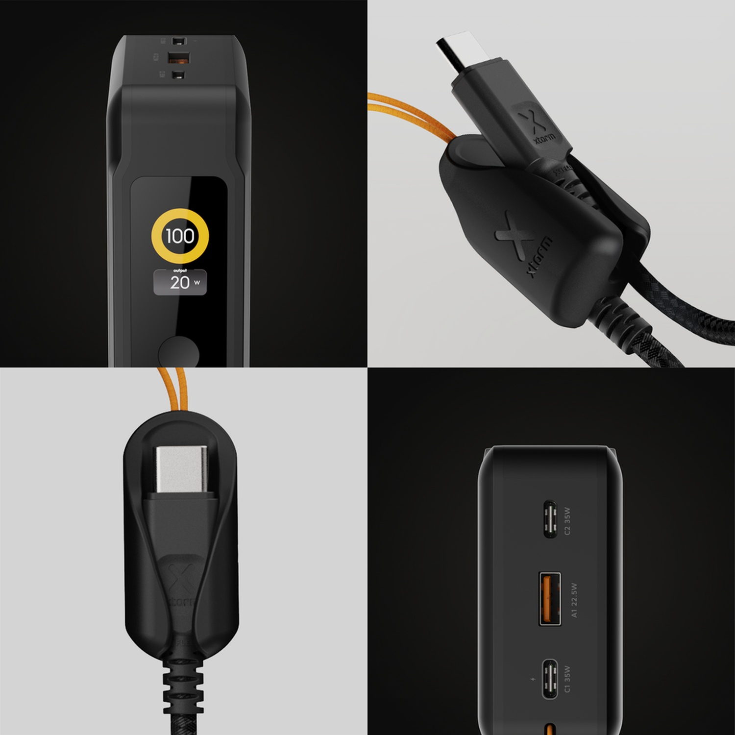 Quatre vues d'un chargeur et d'une prise noirs Xtorm avec un écran numérique et des ports USB.