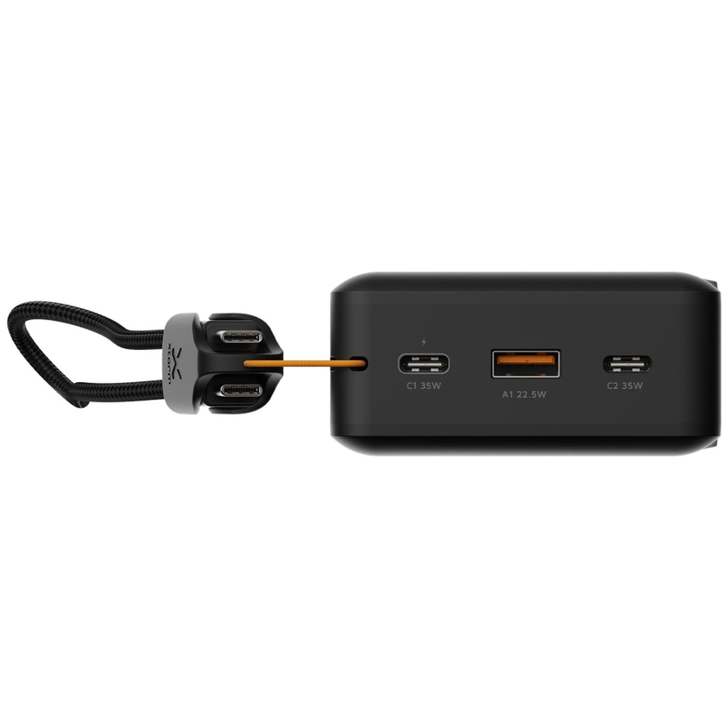 Batterie externe noire avec trois ports USB, un câble intégré enroulé et une dragonne.