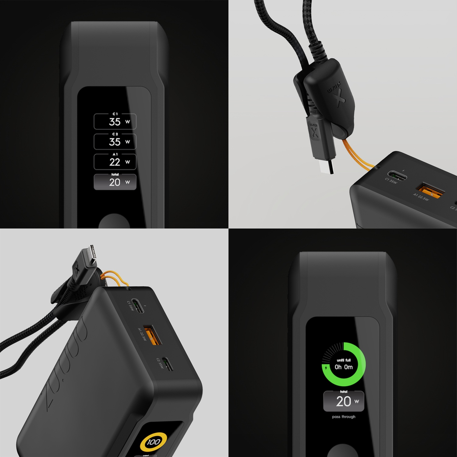 Quatre vues d'une batterie externe noire avec affichage intégré, ports USB-C et câble attaché.
