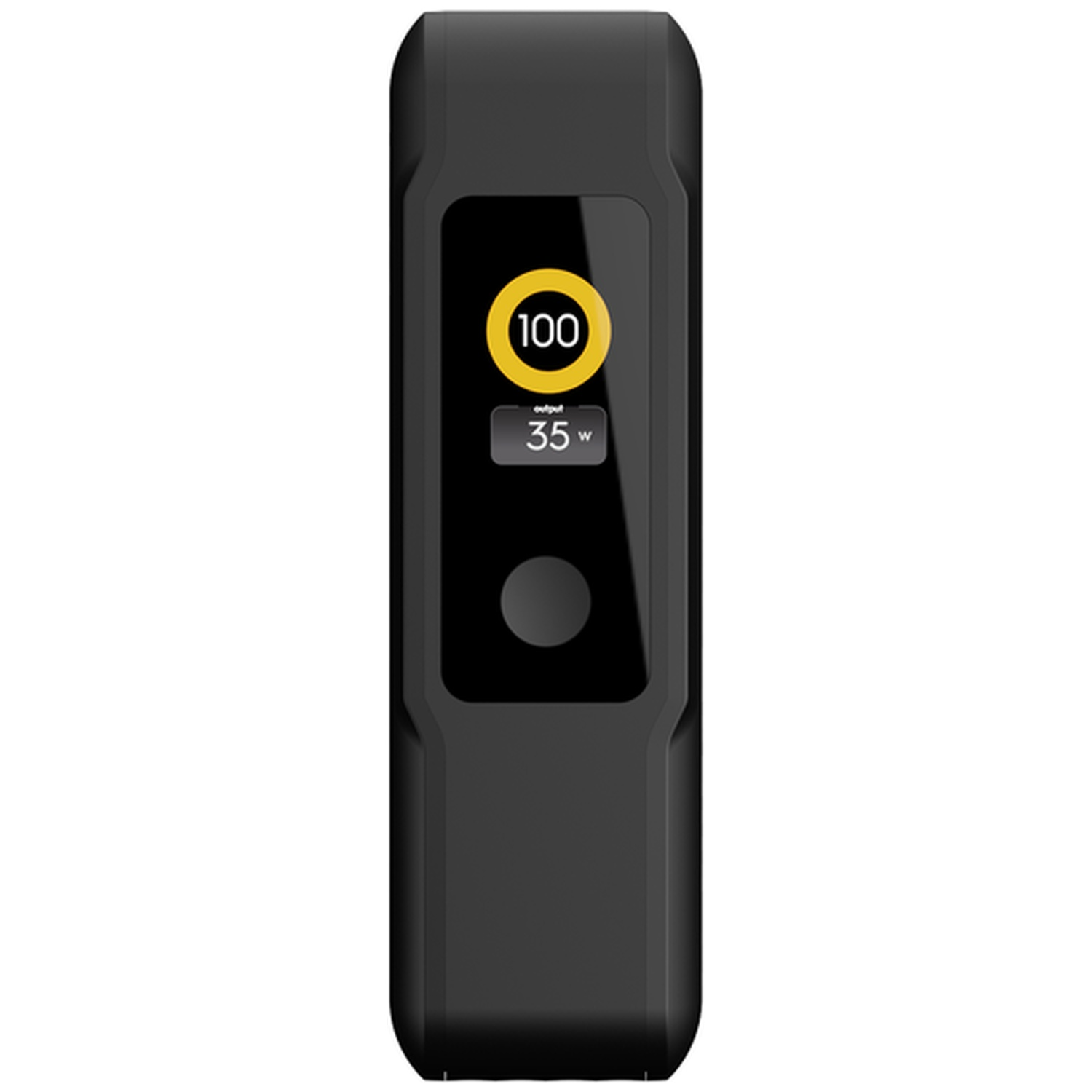 Un appareil noir avec un écran affiche 100 dans un cercle jaune et 35 W.