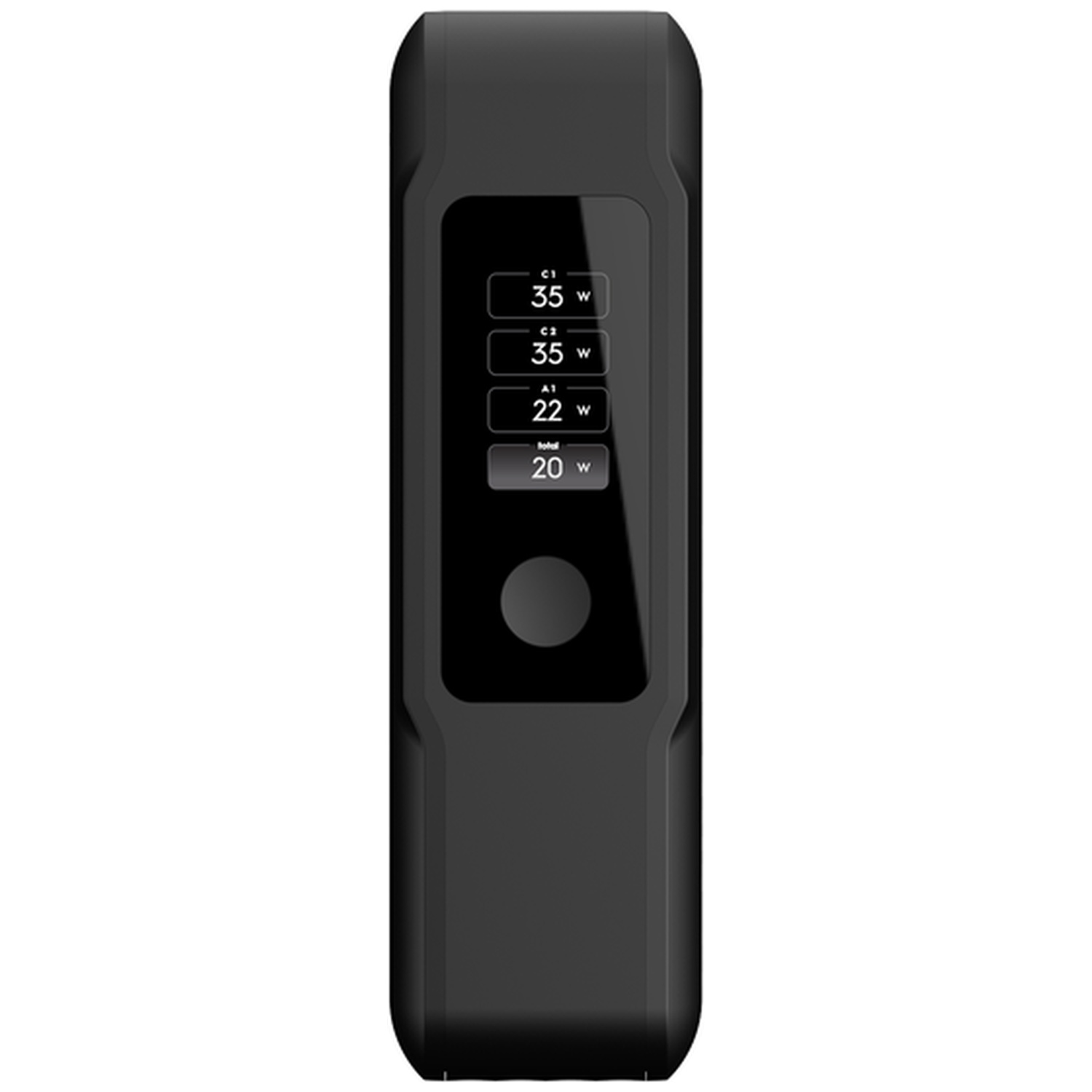 Un chargeur noir doté d'un écran numérique affichant la puissance de sortie de quatre ports.