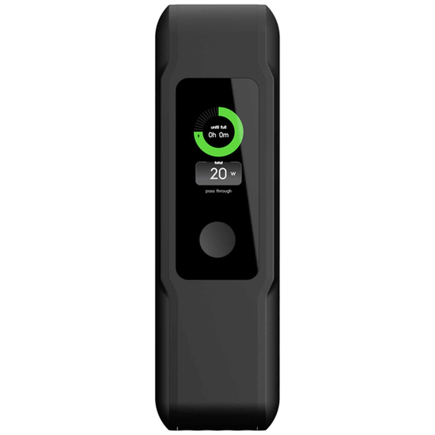 Un appareil cylindrique noir avec un écran lumineux affichant une icône de charge verte et 20W.
