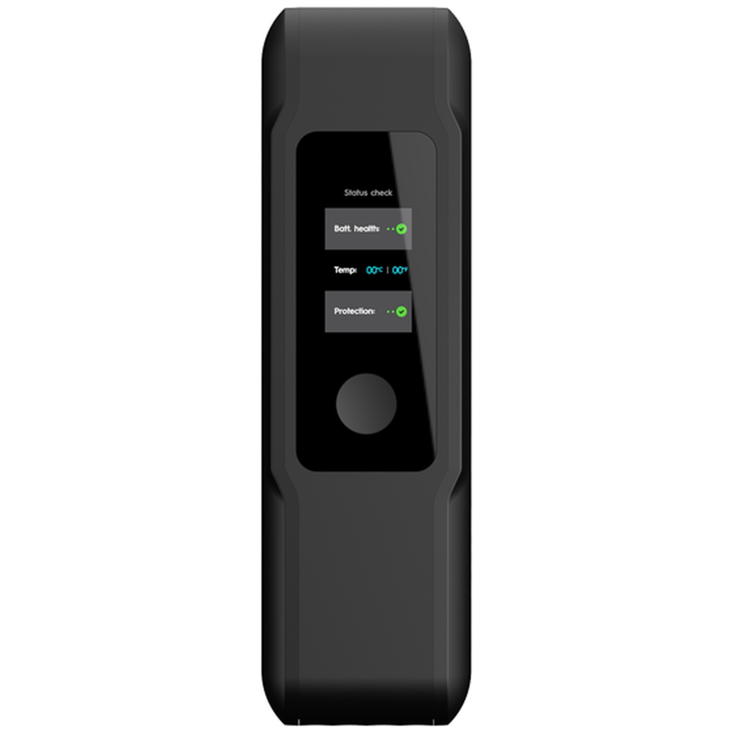 Appareil électronique noir doté d'un écran affichant l'état de la batterie et la température.