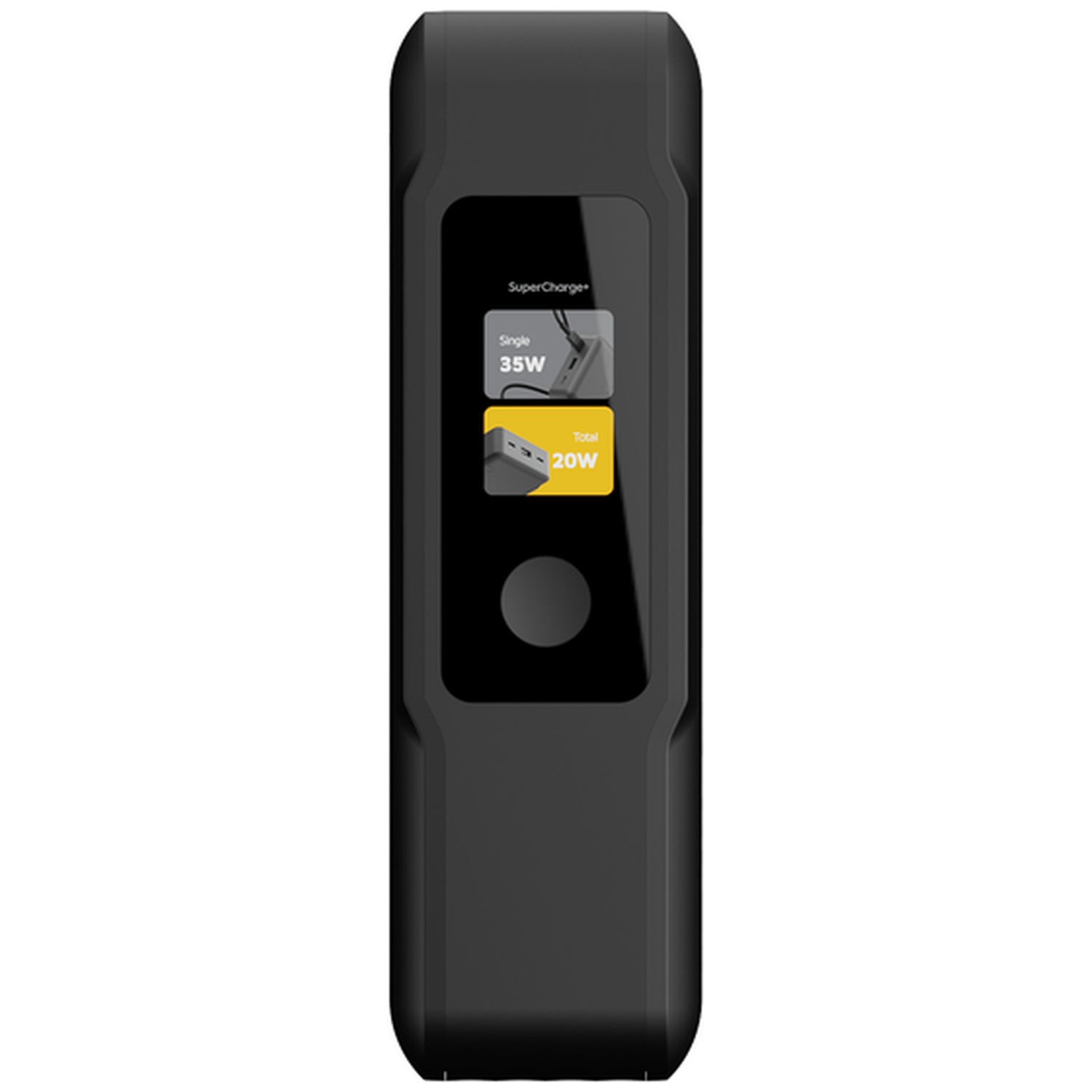 Un chargeur noir avec un écran affichant des informations de charge comme 35W et 20W.