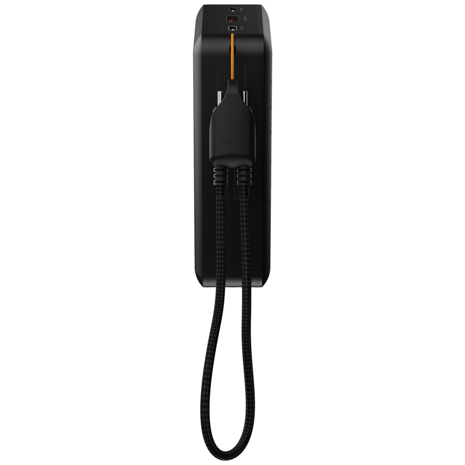 Batterie externe noire avec câble USB-C tressé intégré et ports supérieurs.
