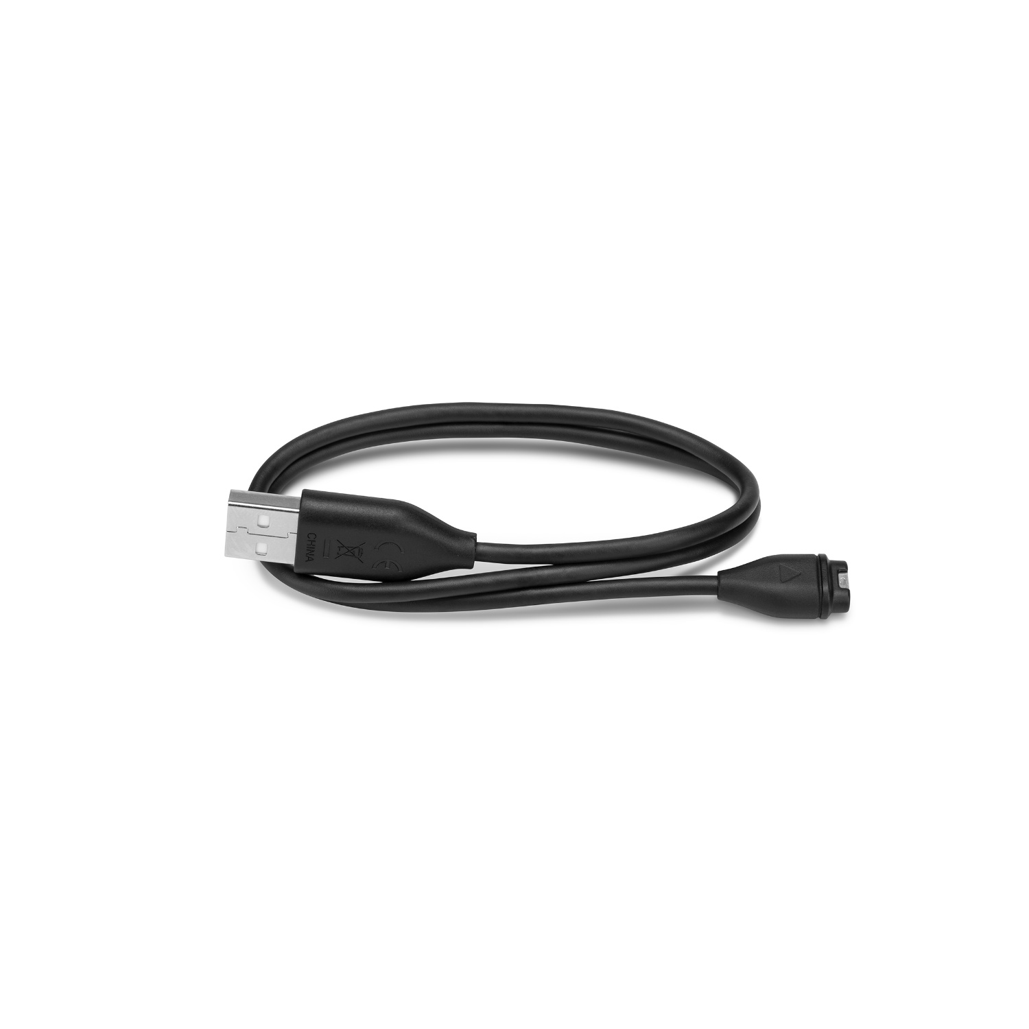 Câble USB noir avec connecteur métallique standard à une extrémité et connecteur spécial à l'autre.
