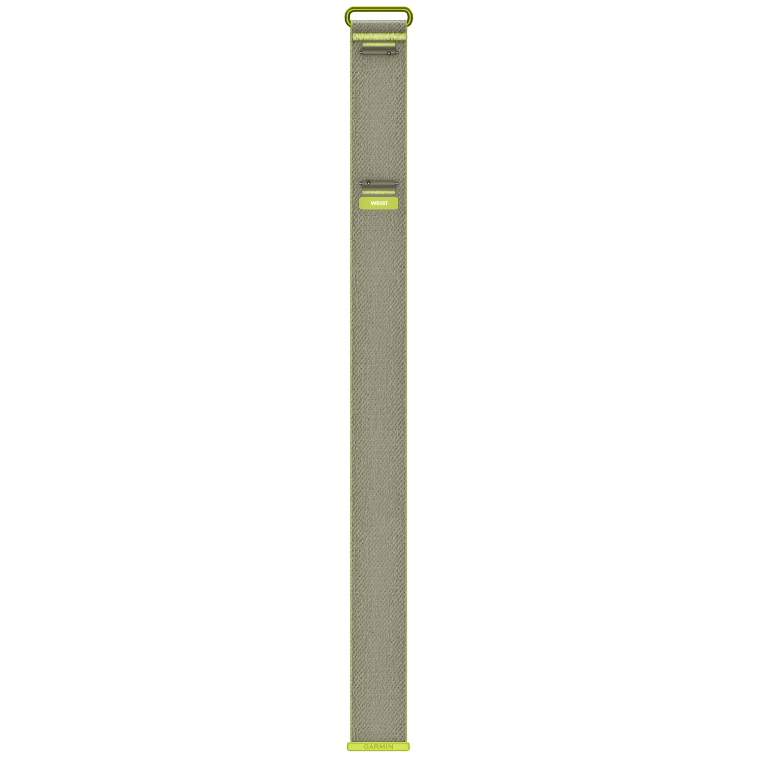 Un long bracelet de montre en nylon vert olive avec des attaches métalliques et le logo Garmin.