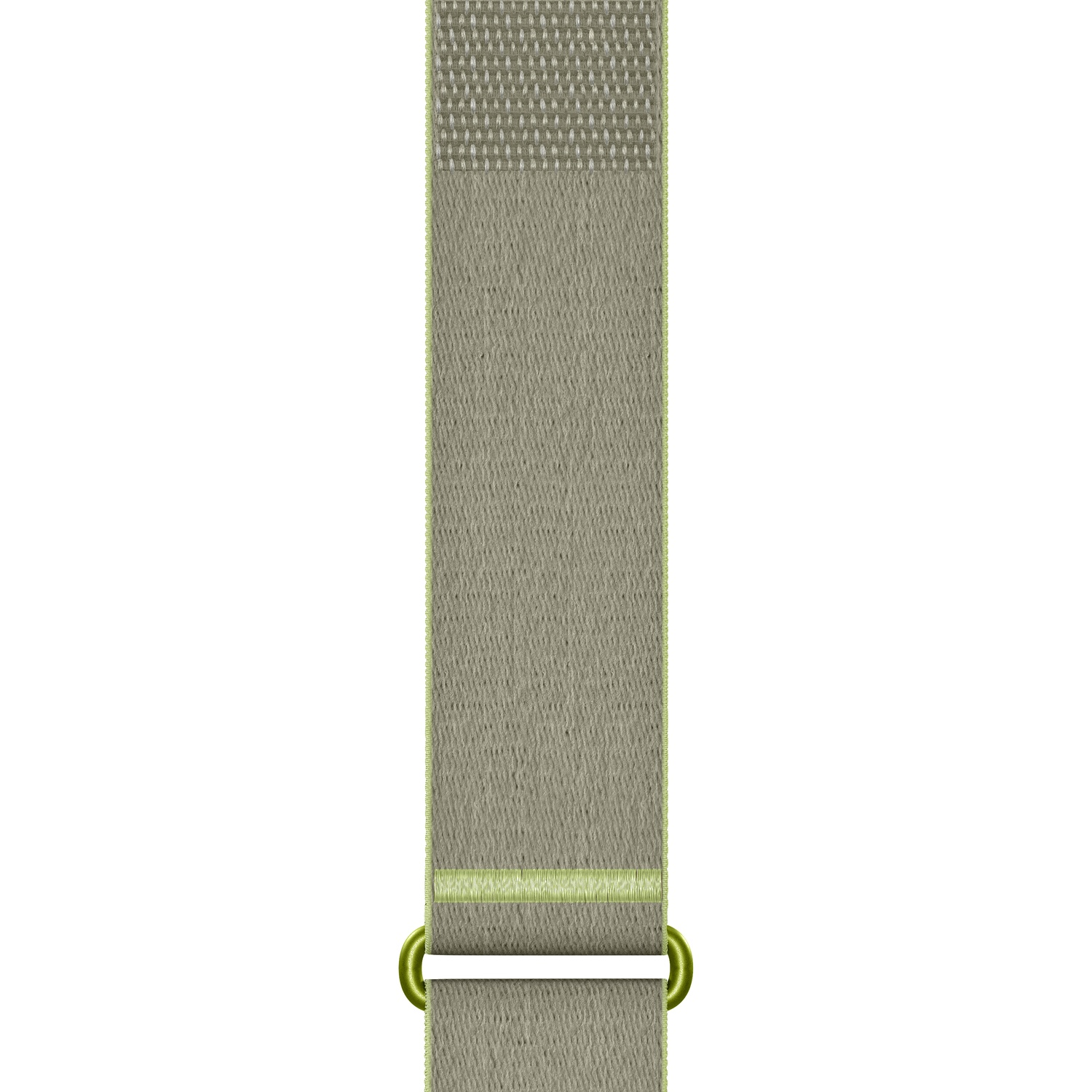 Un bracelet de montre en nylon gris-vert doté d'une boucle métallique verte et d'une texture tissée sur fond blanc.