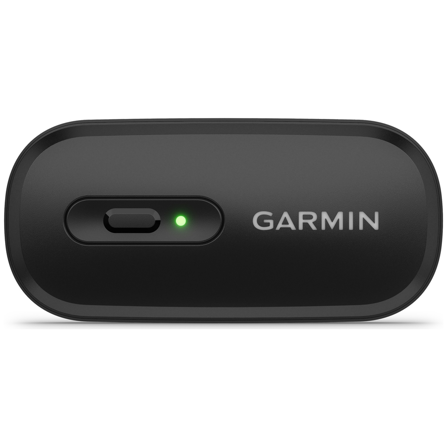Appareil Garmin noir aux coins arrondis, avec un bouton d'alimentation et une LED verte allumée sur fond blanc.