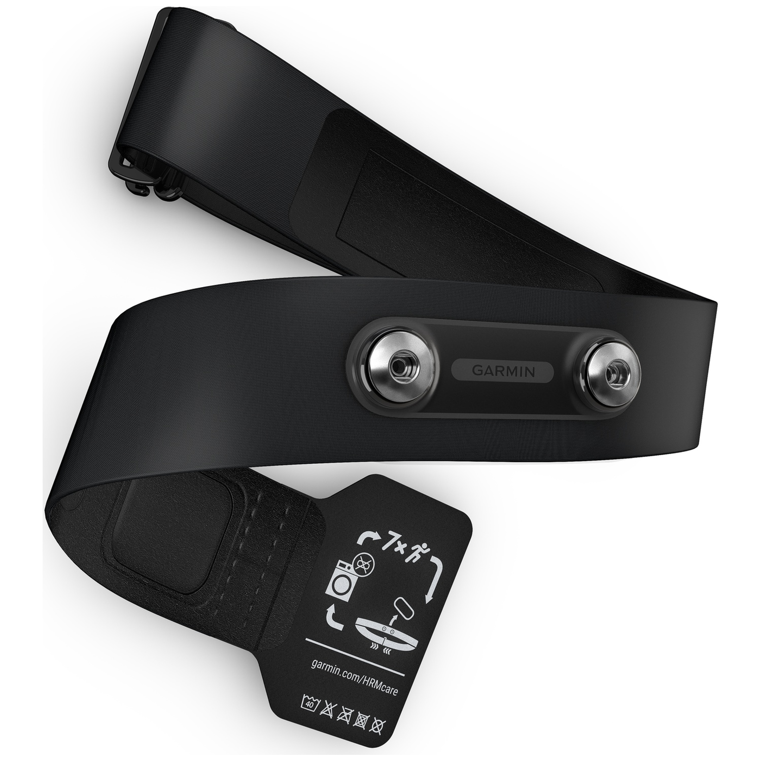 Ceinture cardio-fréquencemètre Garmin noire avec deux boutons-pression argentés et instructions d'entretien.