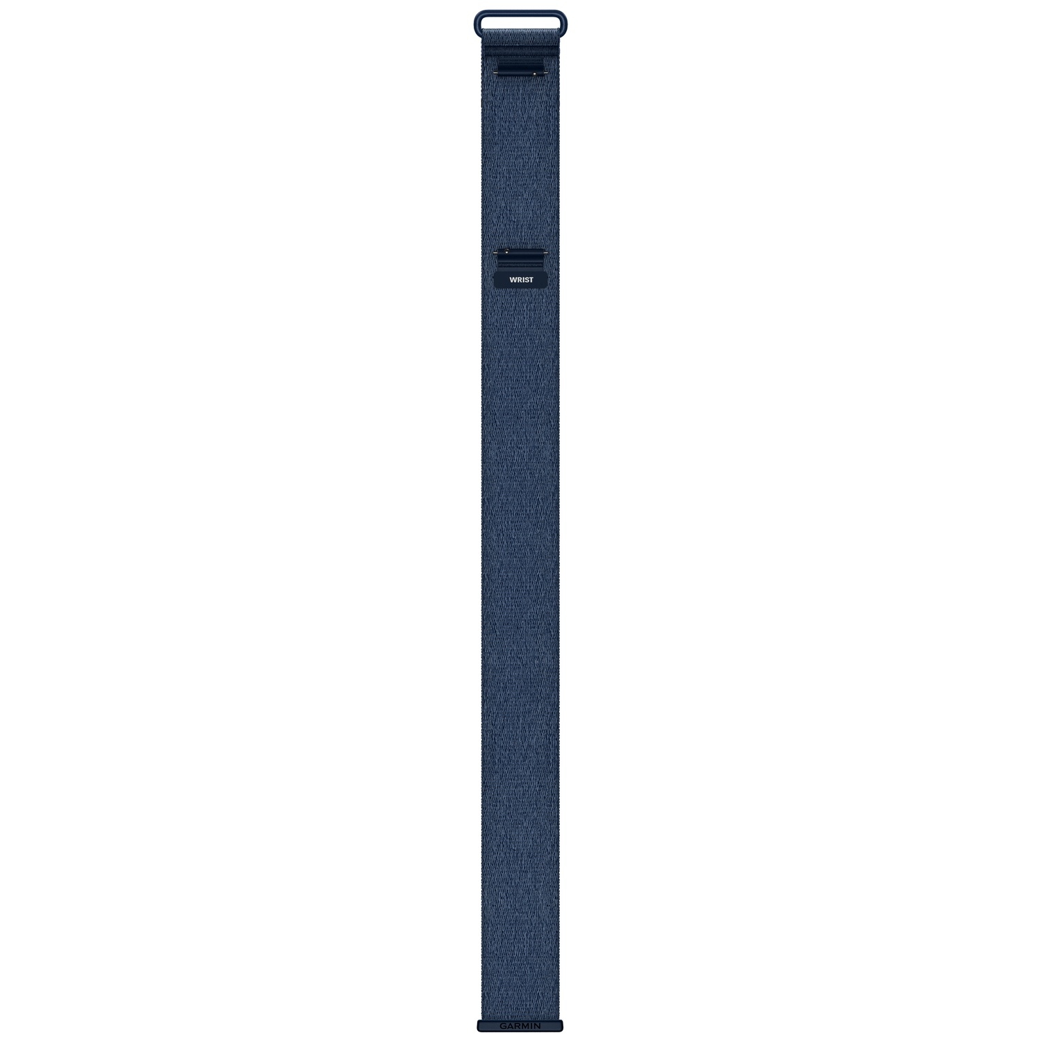 Un long bracelet de montre en nylon bleu avec des anneaux métalliques et le logo Garmin.