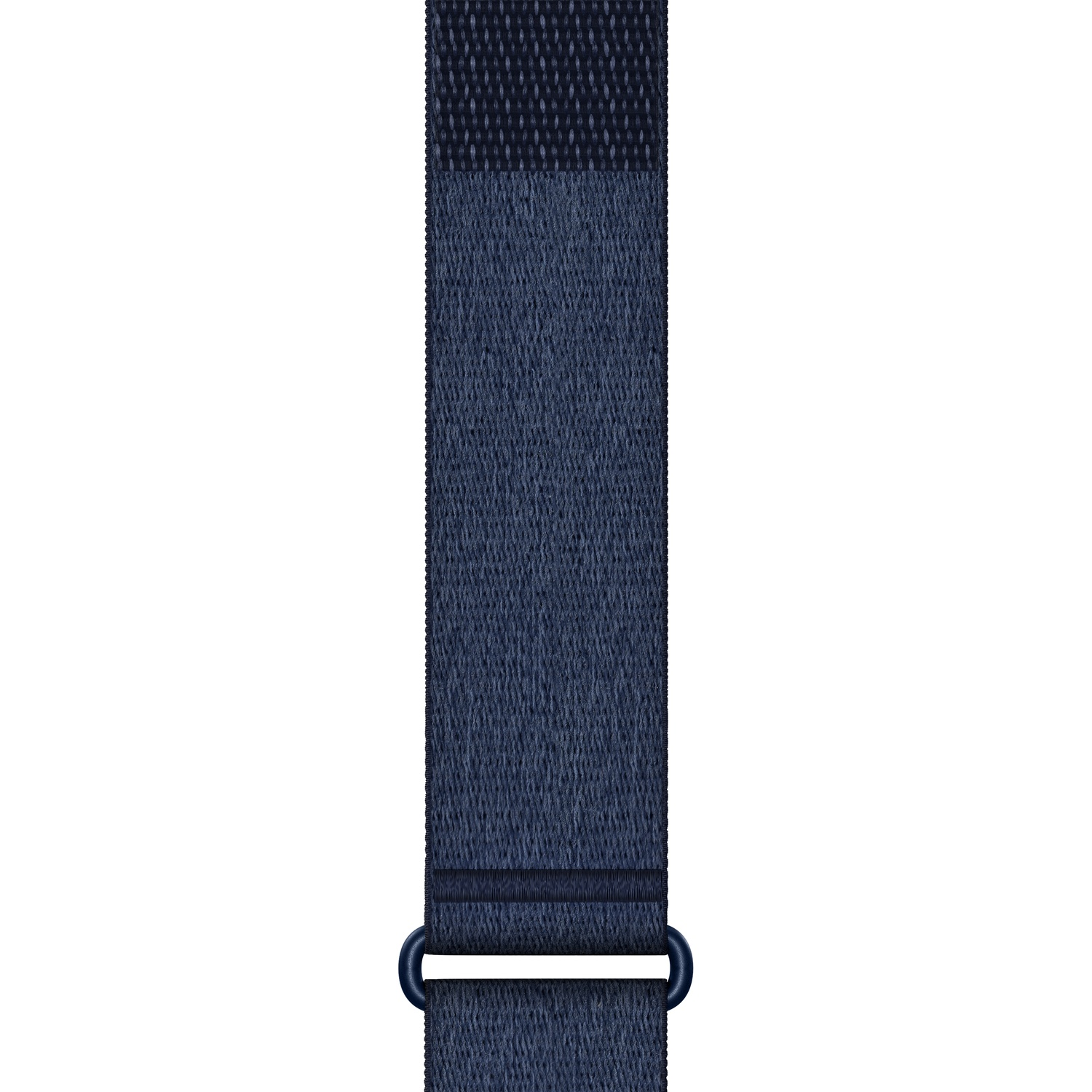 Une sangle en tissu bleu marine avec une boucle en métal et des textures tissées sur fond blanc.