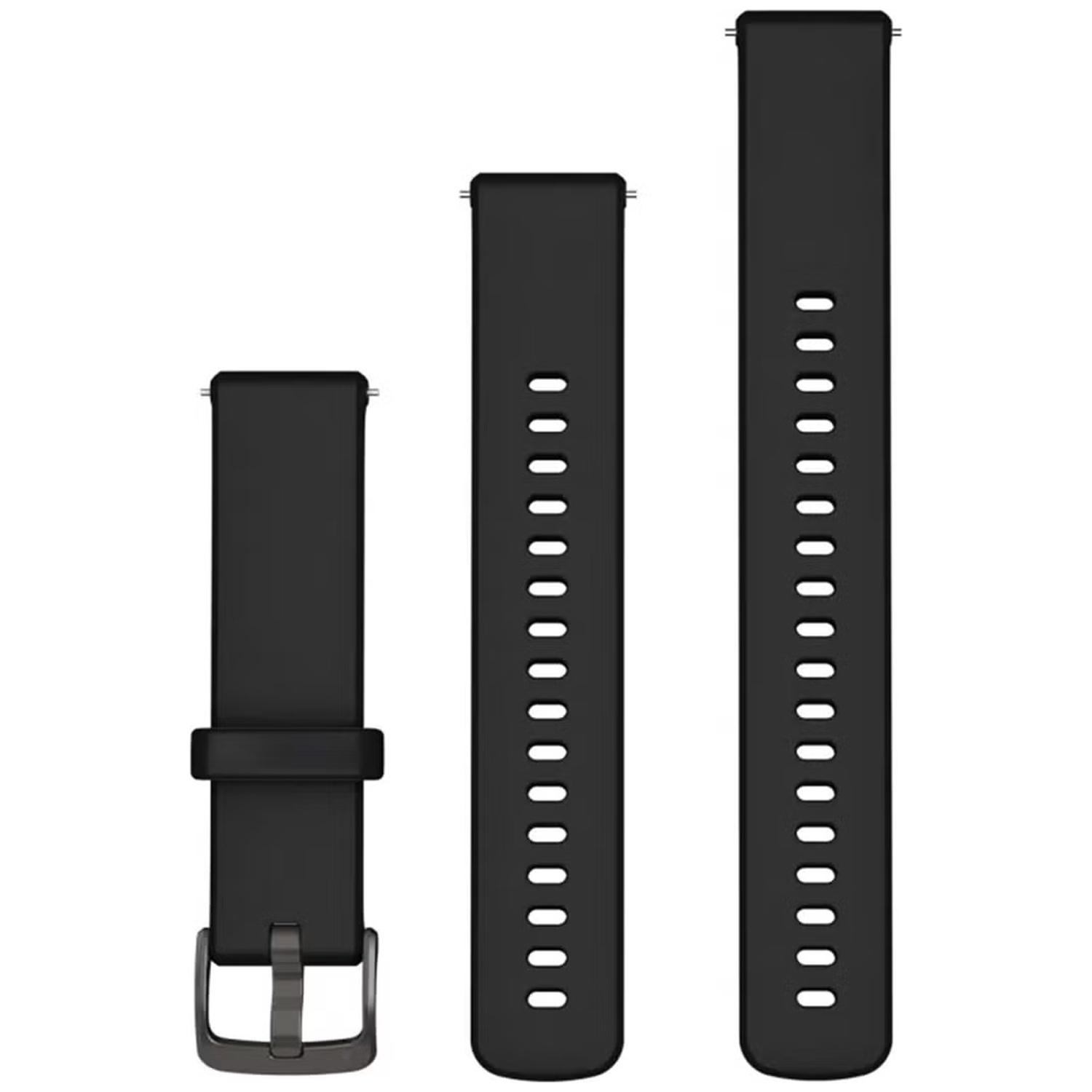 Trois bracelets de montre en silicone noir avec des goupilles en métal et une boucle sur fond blanc.