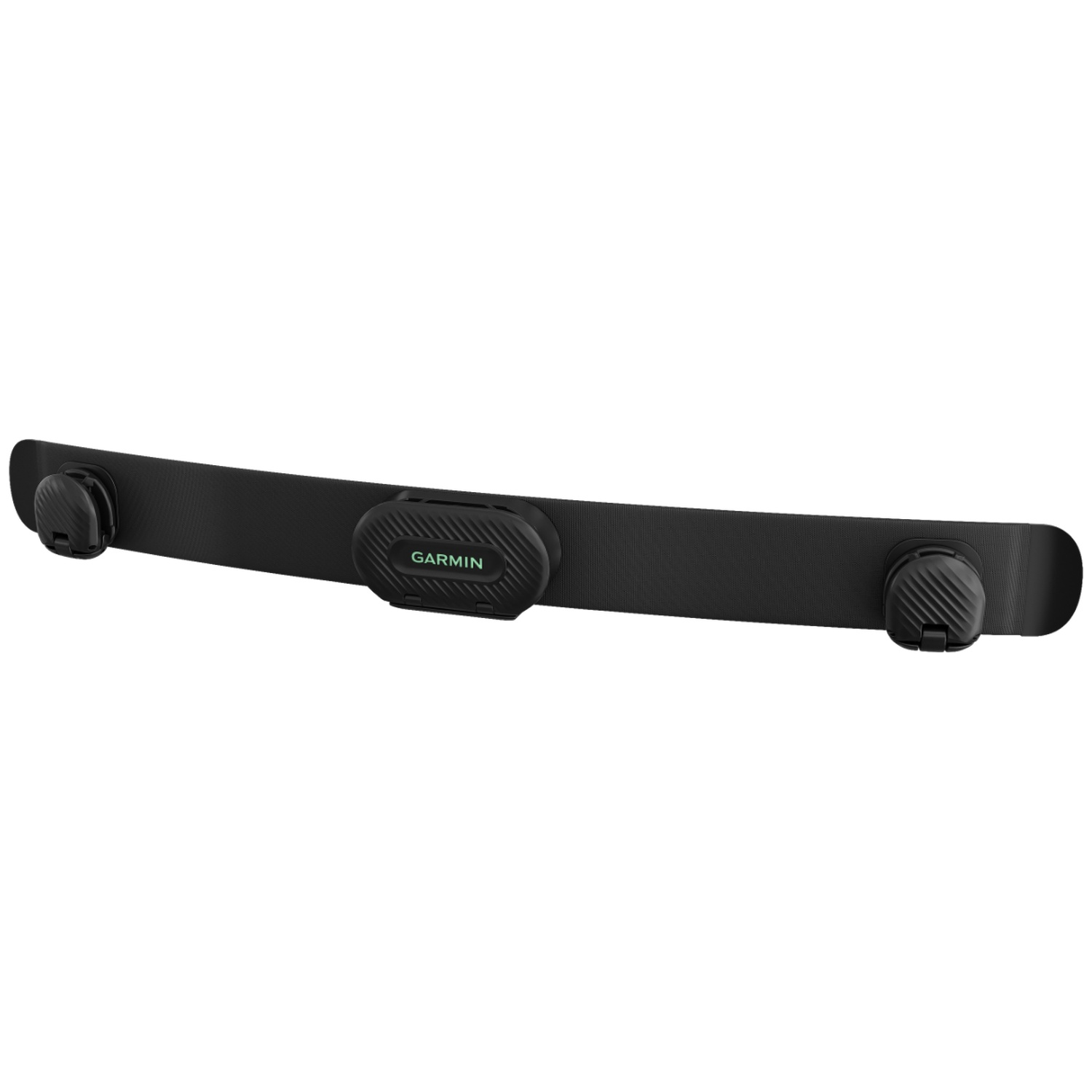 Een zwarte Garmin hartslagborstband met een centrale module en clips op een witte achtergrond.