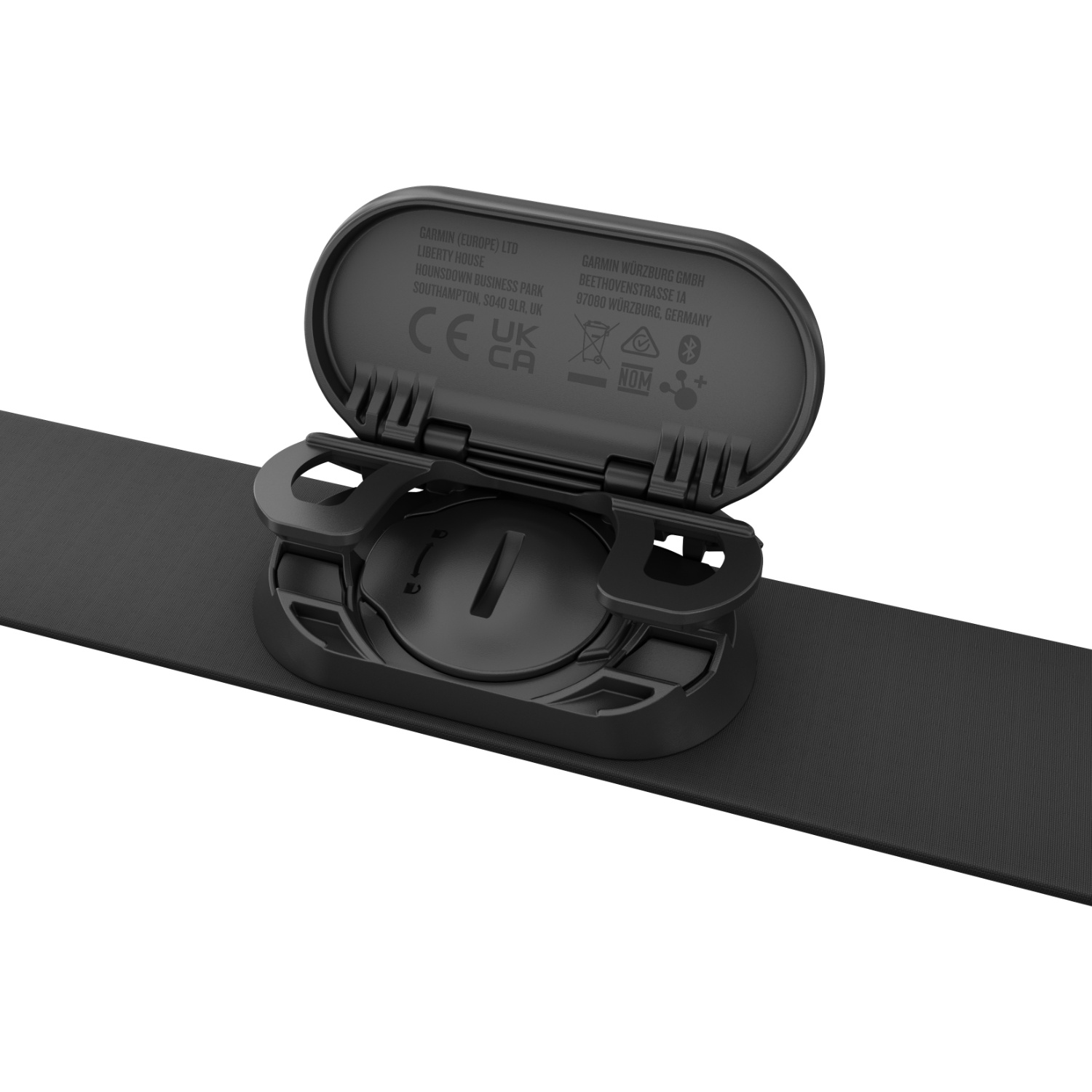 Zwarte borstband met open batterijklepje met tekst en pictogrammen.