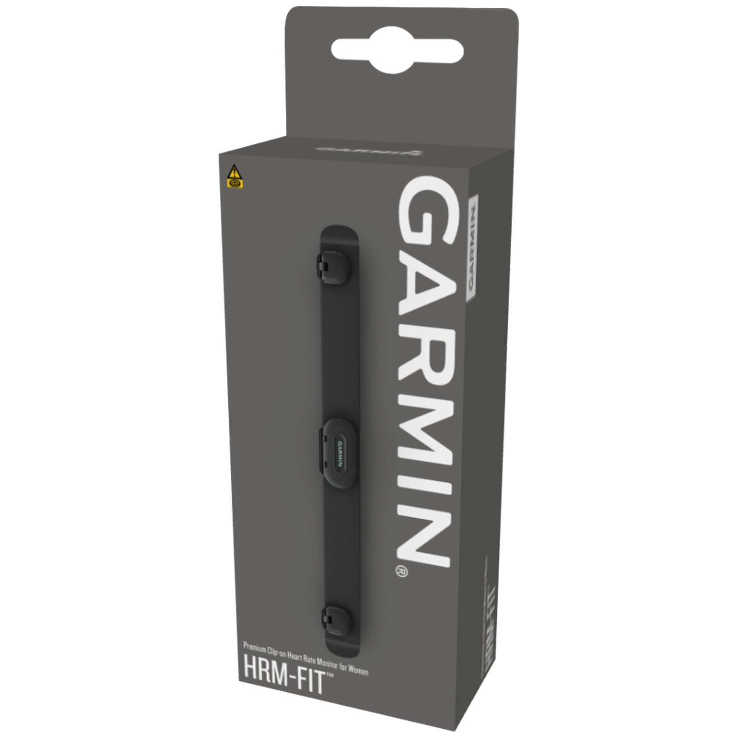 Grijze Garmin HRM-Fit hartslagmeterdoos met witte merkopdruk.