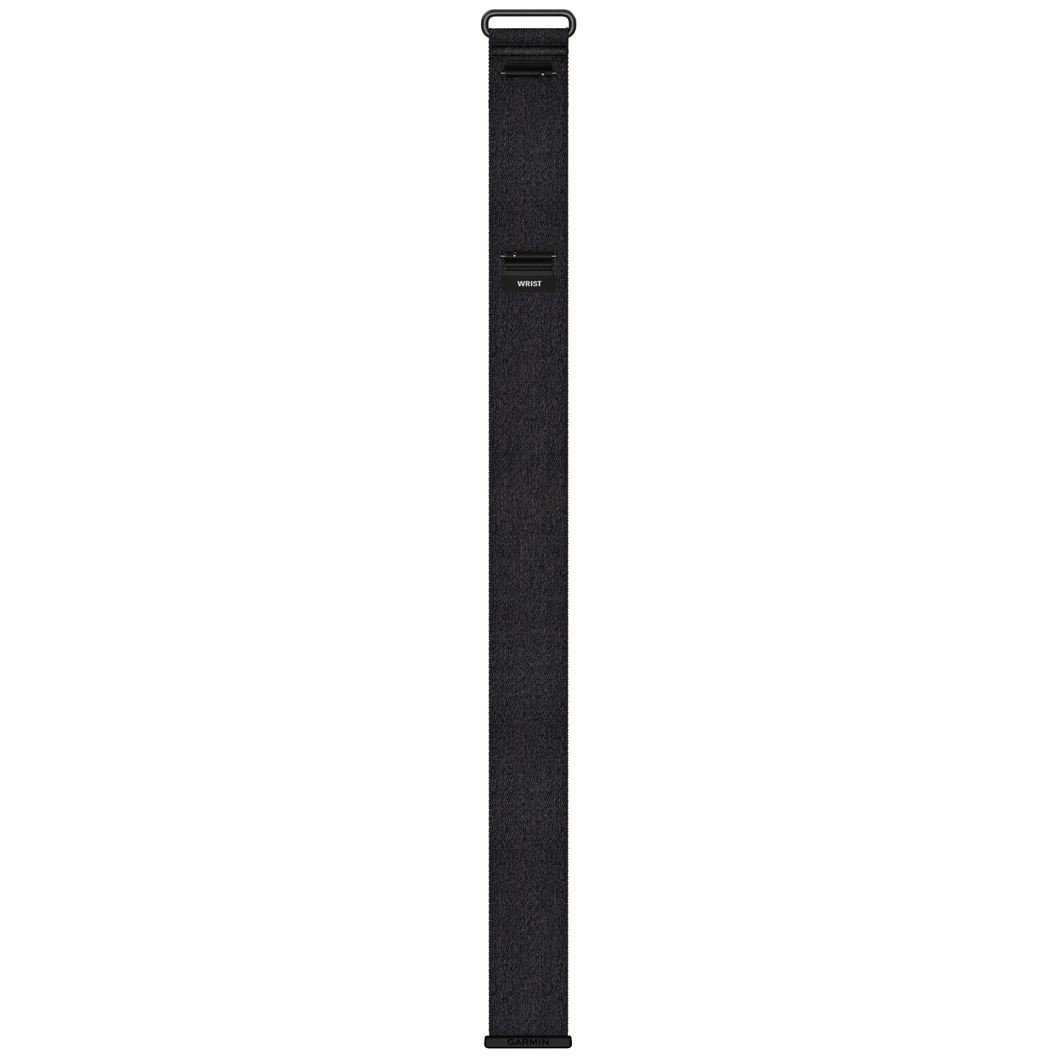 Longue sangle en tissu noir avec des anneaux métalliques et le texte WRIST sur fond blanc.