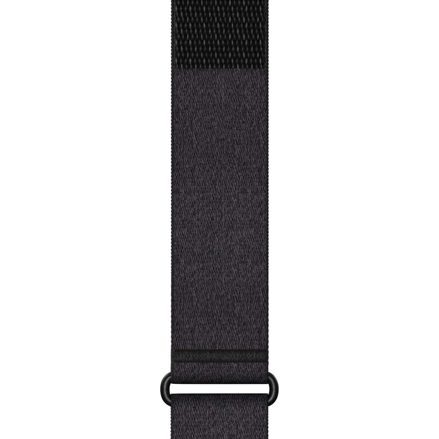 Une sangle en tissu noir verticale avec une boucle de réglage en métal noir sur fond blanc.