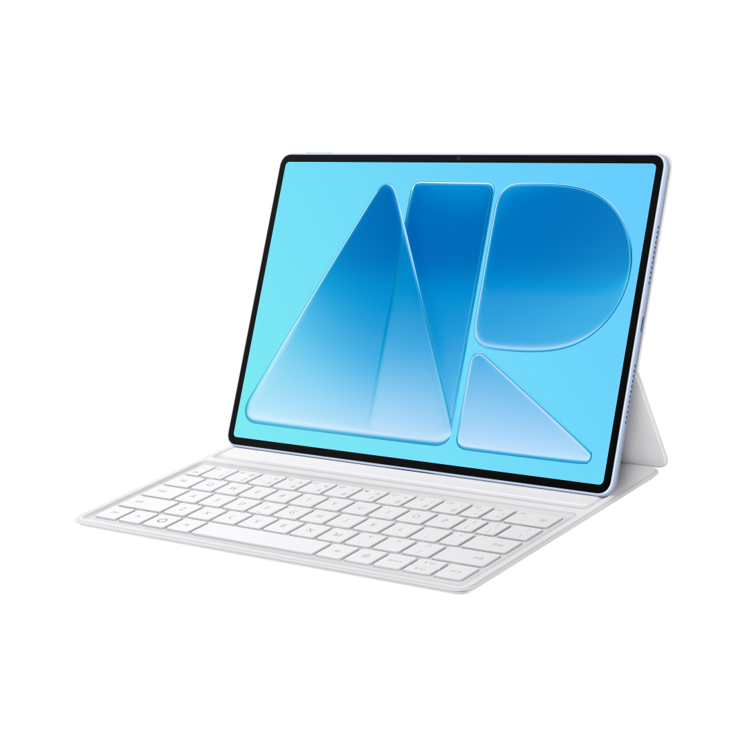 Biały tablet z podłączoną białą klawiaturą i niebieską grafiką na ekranie na czarnym tle.