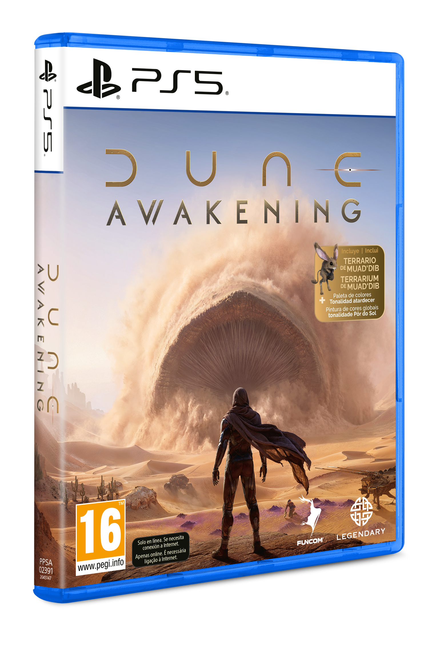 Carátula de PS5 para Dune: Awakening con una figura frente a un gusano de arena.
