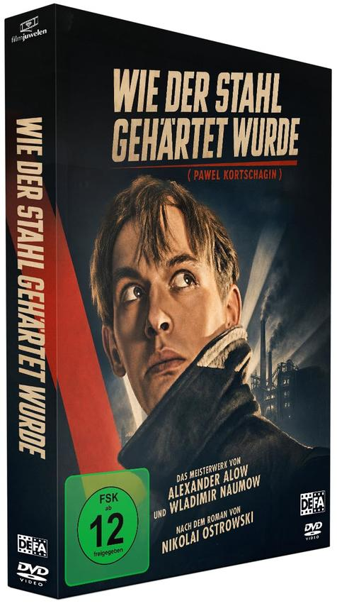 DVD-Cover von Wie der Stahl gehärtet wurde mit einem Mann im Vordergrund und Fabriksilhouetten im Hintergrund.