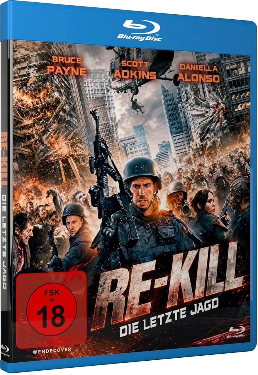 Blu-ray-Hülle von Re-Kill zeigt Soldaten im Kampf gegen Zombies in einer zerstörten Stadt.