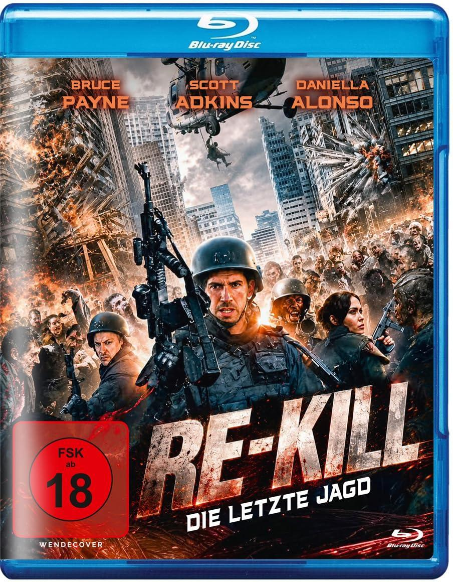 Blu-ray-Cover von Re-Kill zeigt Soldaten im Kampf gegen Zombies in zerstörter Stadt mit Helikopter.