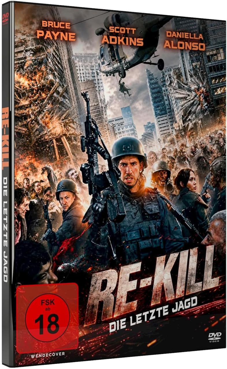 DVD-Cover von Re-Kill mit bewaffneten Soldaten vor brennender Stadt und Hubschrauber.
