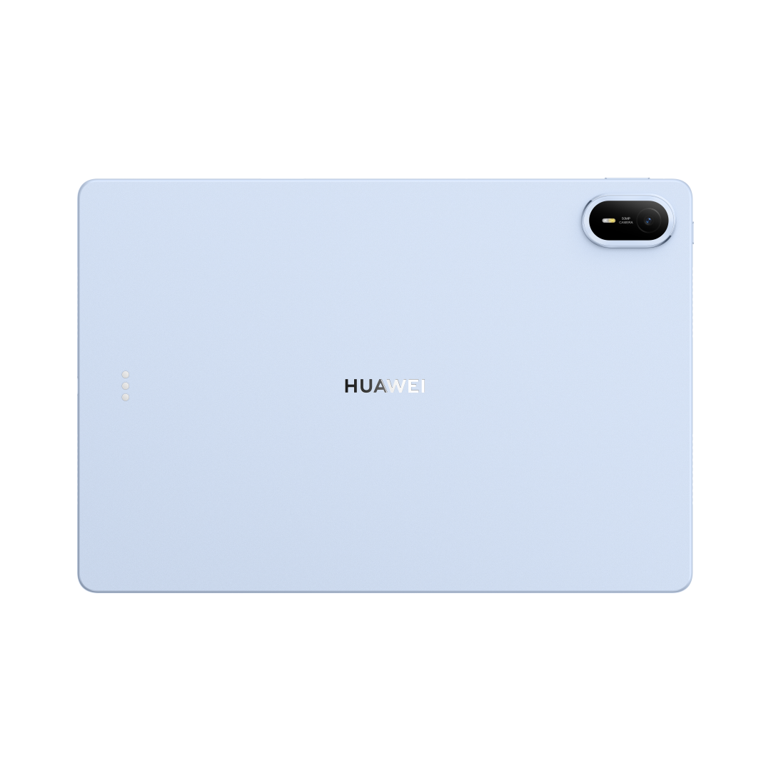 Tył jasnoniebieskiego tabletu Huawei z aparatem i logo na czarnym tle.