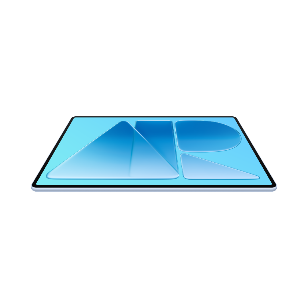 Plaski tablet wyświetla abstrakcyjny niebieski wzór geometryczny na czarnym tle.