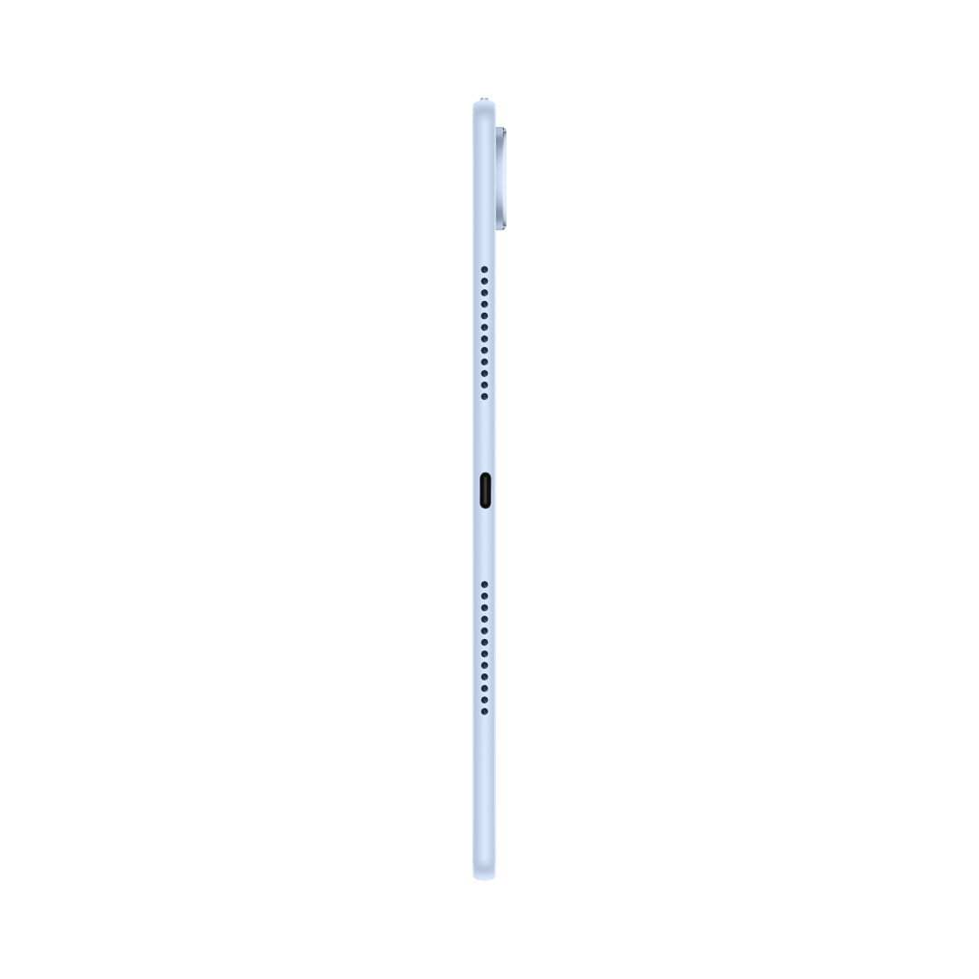 Widok z boku niebieskiego tabletu na czarnym tle z aparatem, głośnikami i portem USB-C.