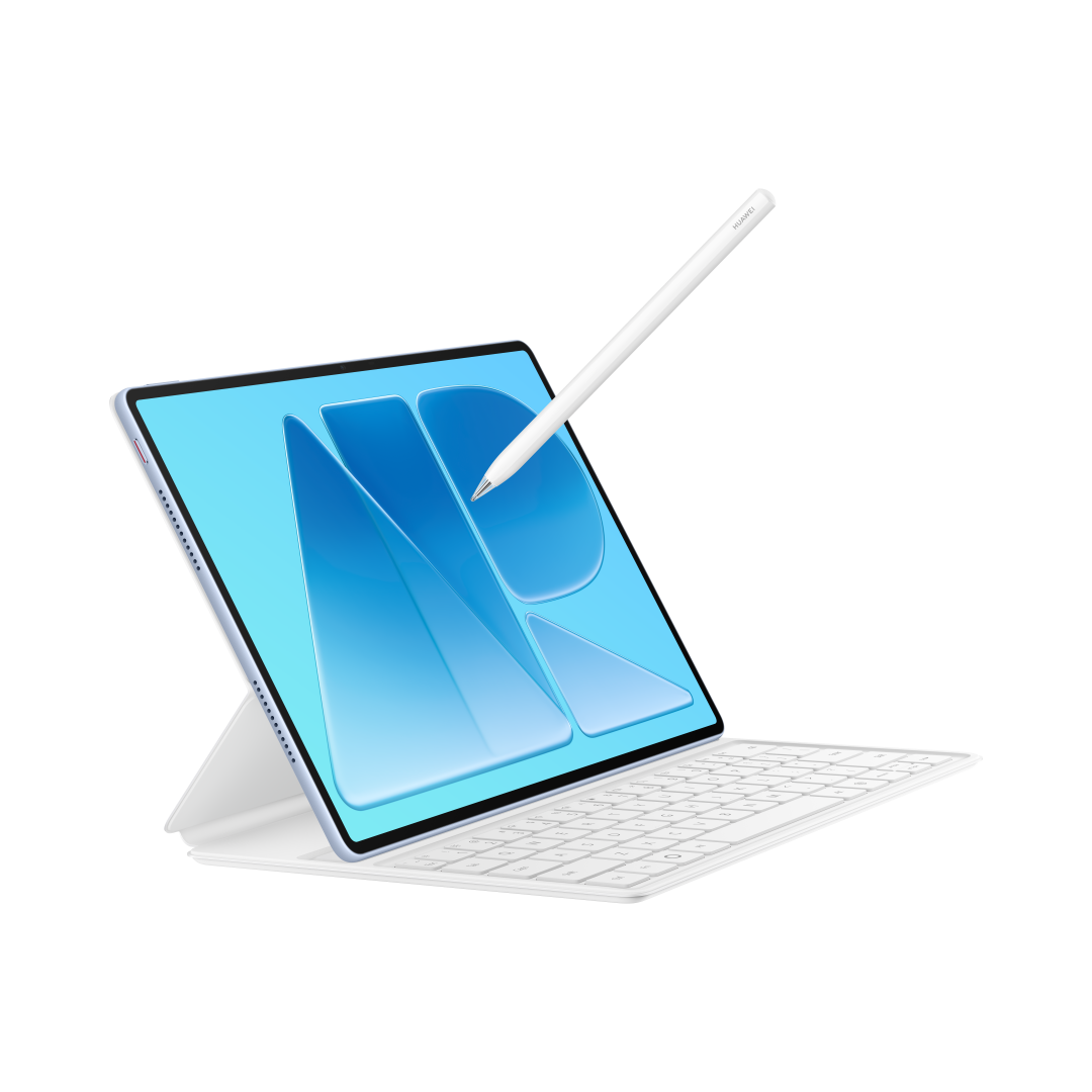 Tablet z białym etui z klawiaturą i rysikiem na niebieskim ekranie.