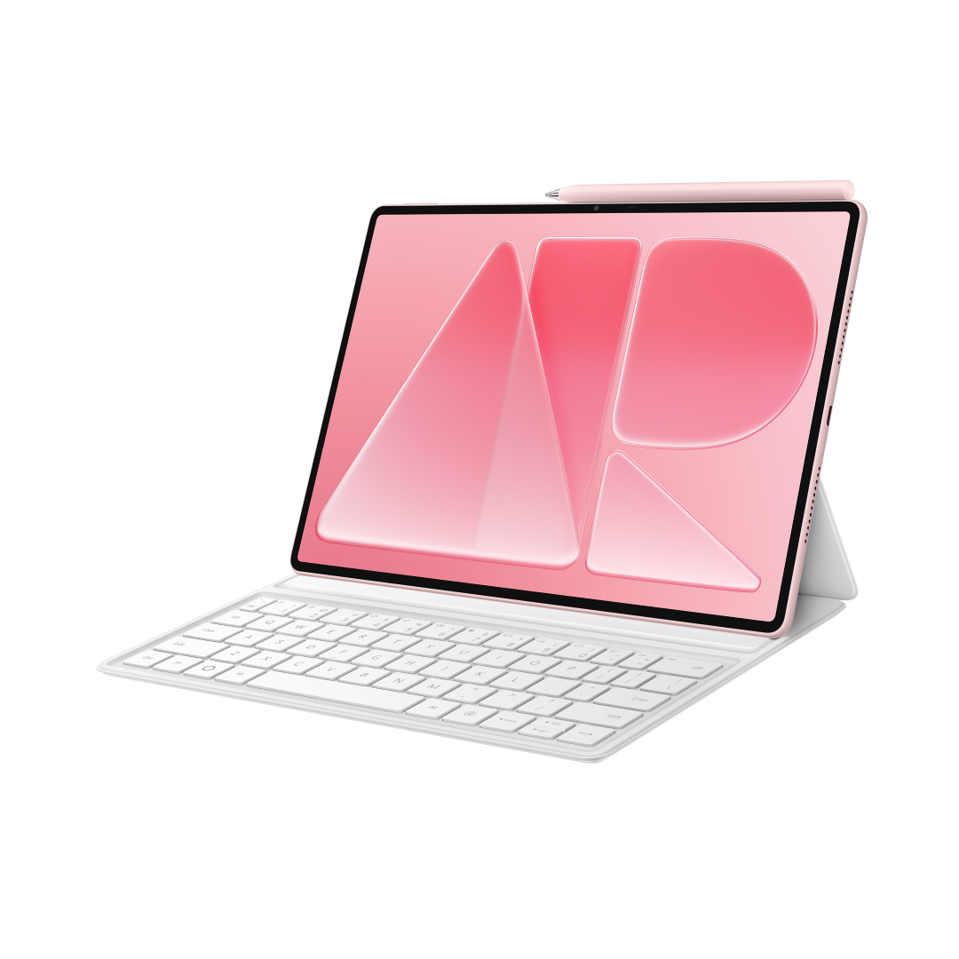 Różowy tablet w białym etui z klawiaturą i rysikiem, na czarnym tle.