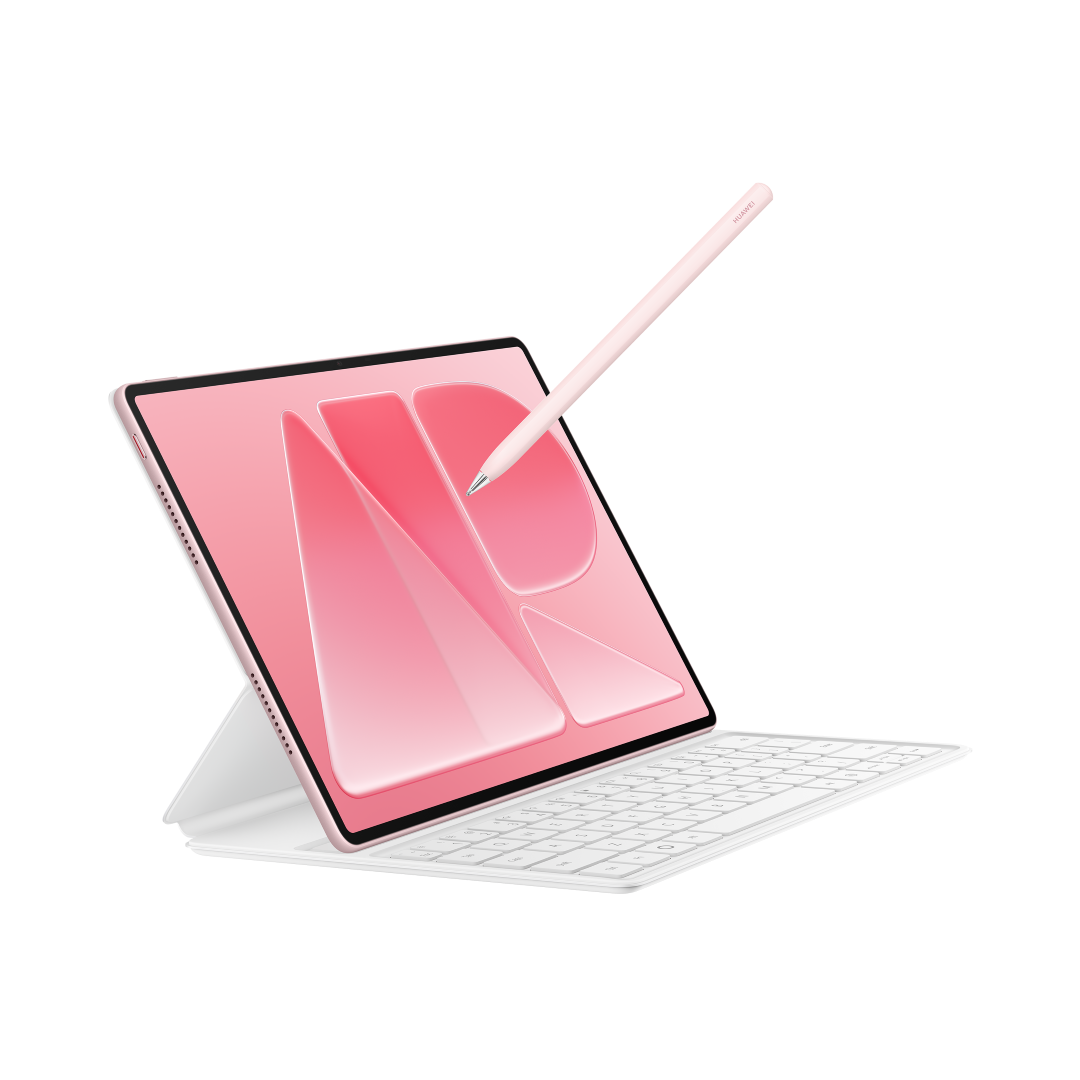 Różowy tablet na białej klawiaturze ze rysikiem, na czarnym tle.